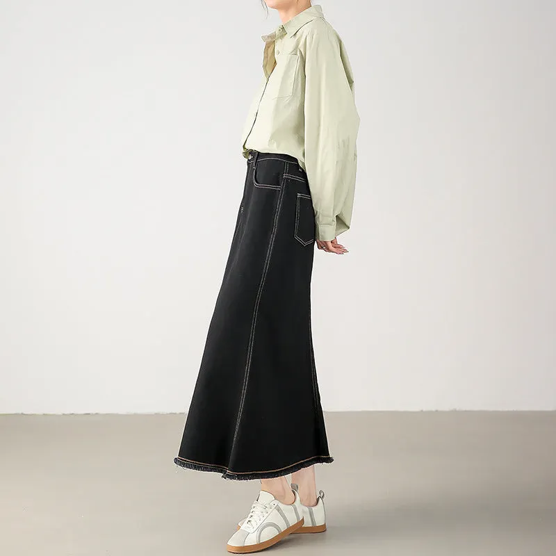 2025  New  elegant fishtail skirt, rough edge skirt, fashionable and versatile black medium and long hip skirt