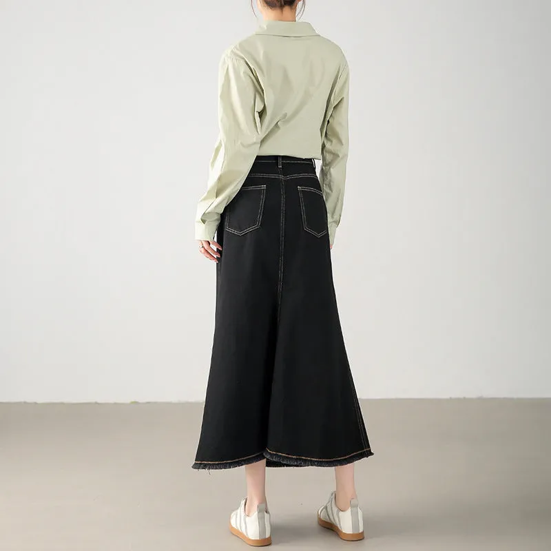 2025  New  elegant fishtail skirt, rough edge skirt, fashionable and versatile black medium and long hip skirt