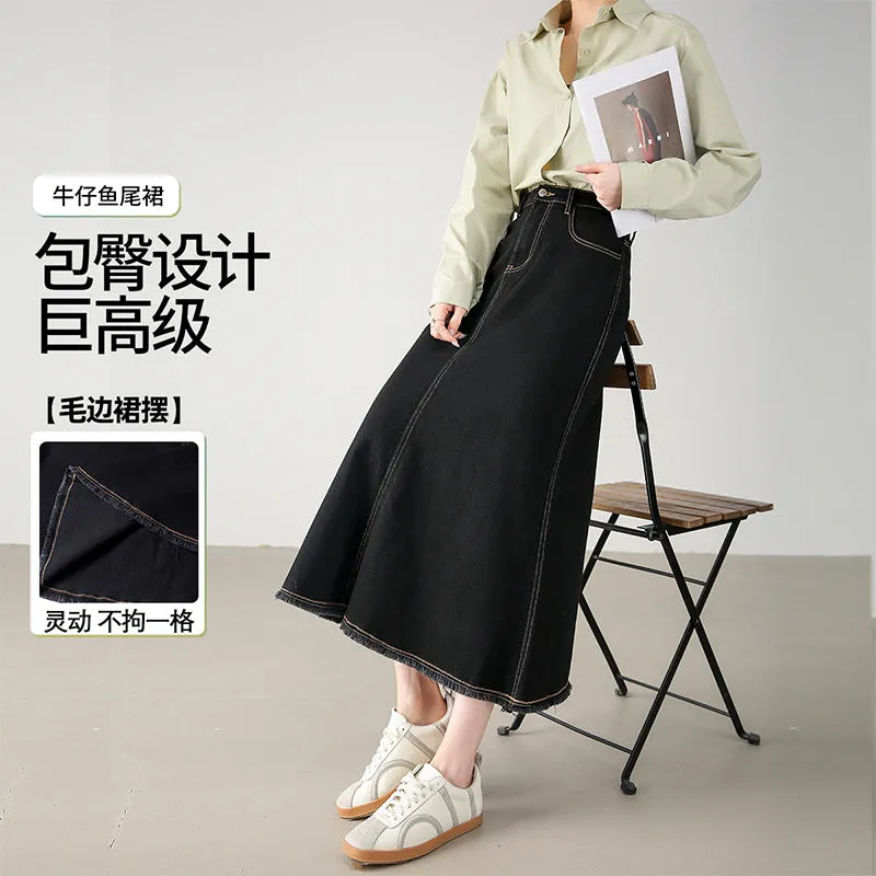2025  New  elegant fishtail skirt, rough edge skirt, fashionable and versatile black medium and long hip skirt