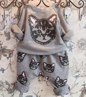 2pcs kids Girls Long Sleeve Cat Kitten Printed T-shirt Tops Pants Sets Outfits Spring Autumn Clothing Set