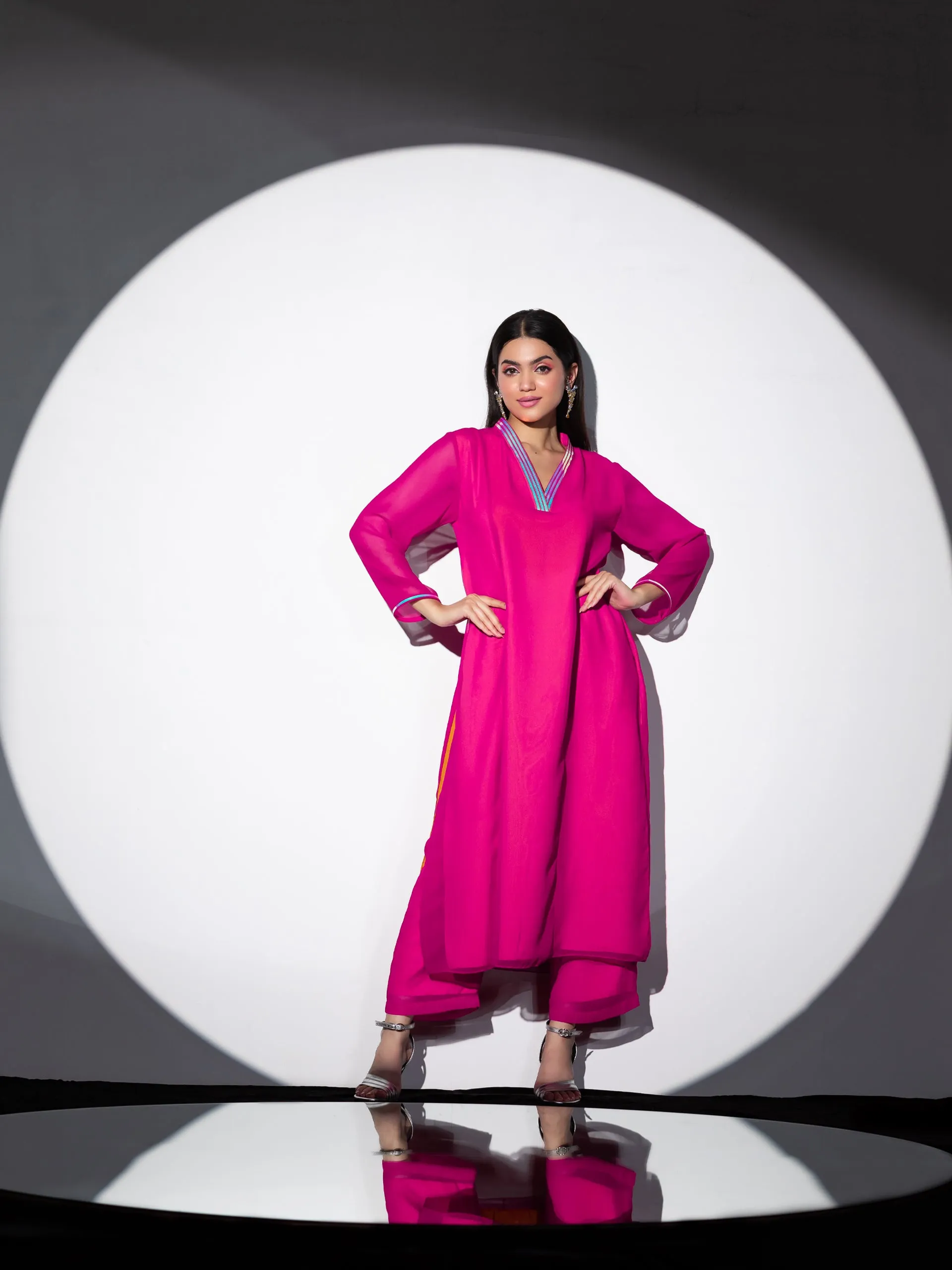 2pcs. Set | Pink & Yellow Surprise Georgette Kurta with contrast Inner lining with Pants