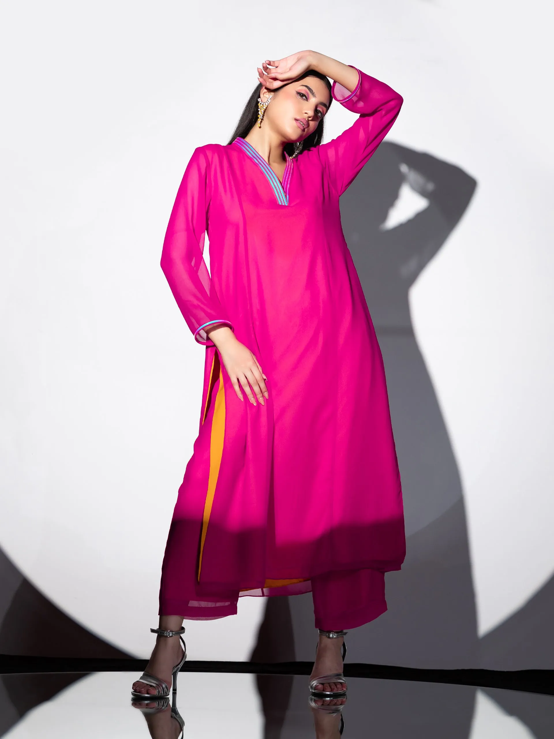 2pcs. Set | Pink & Yellow Surprise Georgette Kurta with contrast Inner lining with Pants