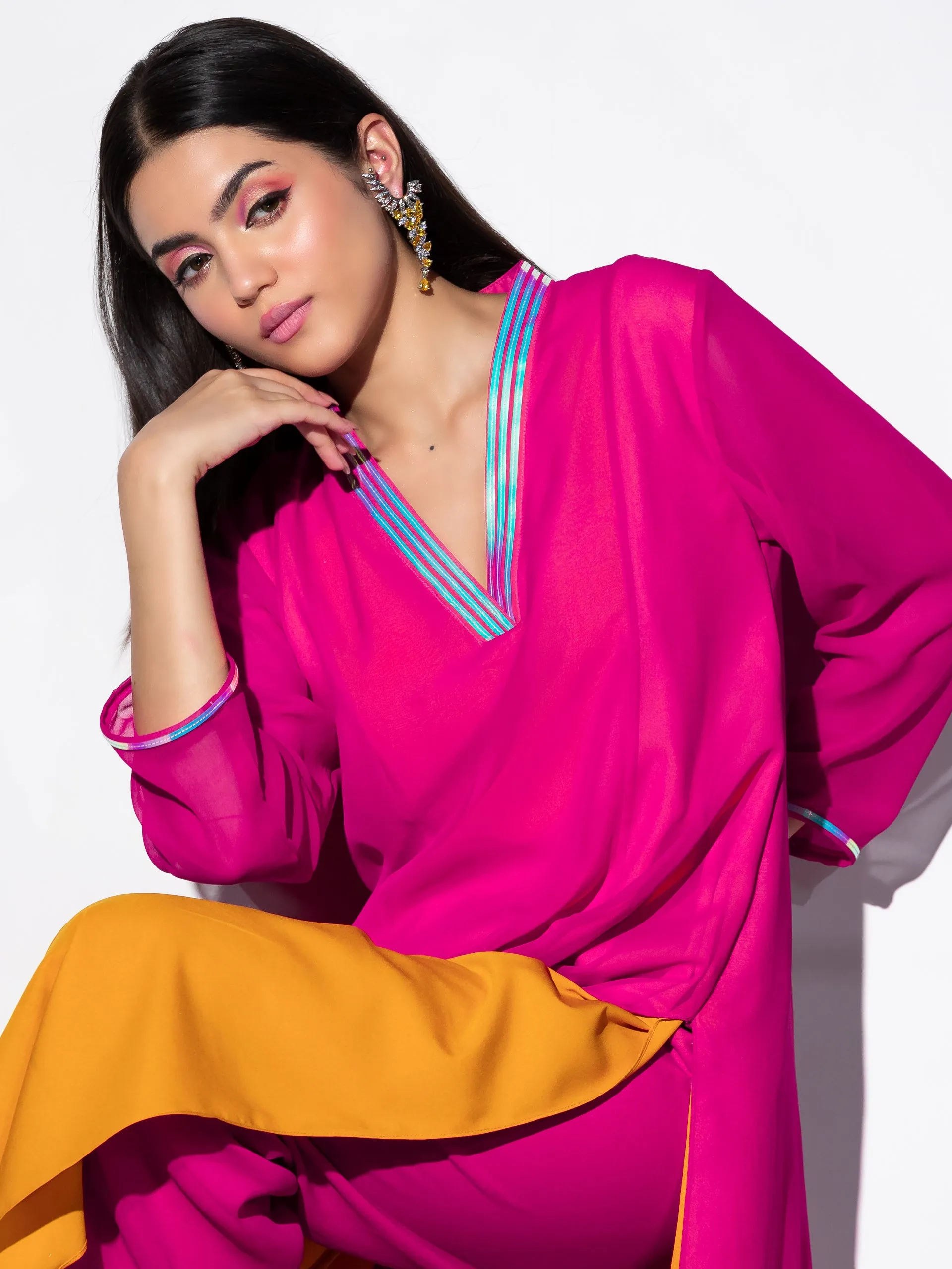 2pcs. Set | Pink & Yellow Surprise Georgette Kurta with contrast Inner lining with Pants