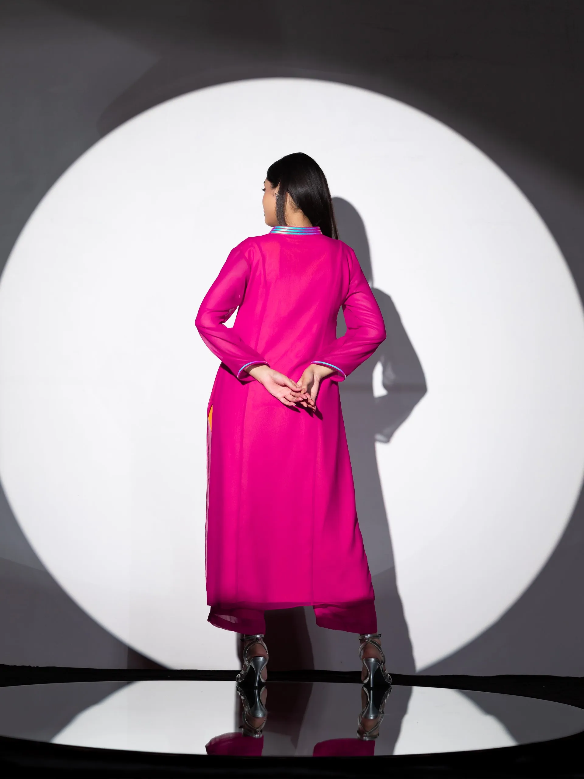 2pcs. Set | Pink & Yellow Surprise Georgette Kurta with contrast Inner lining with Pants