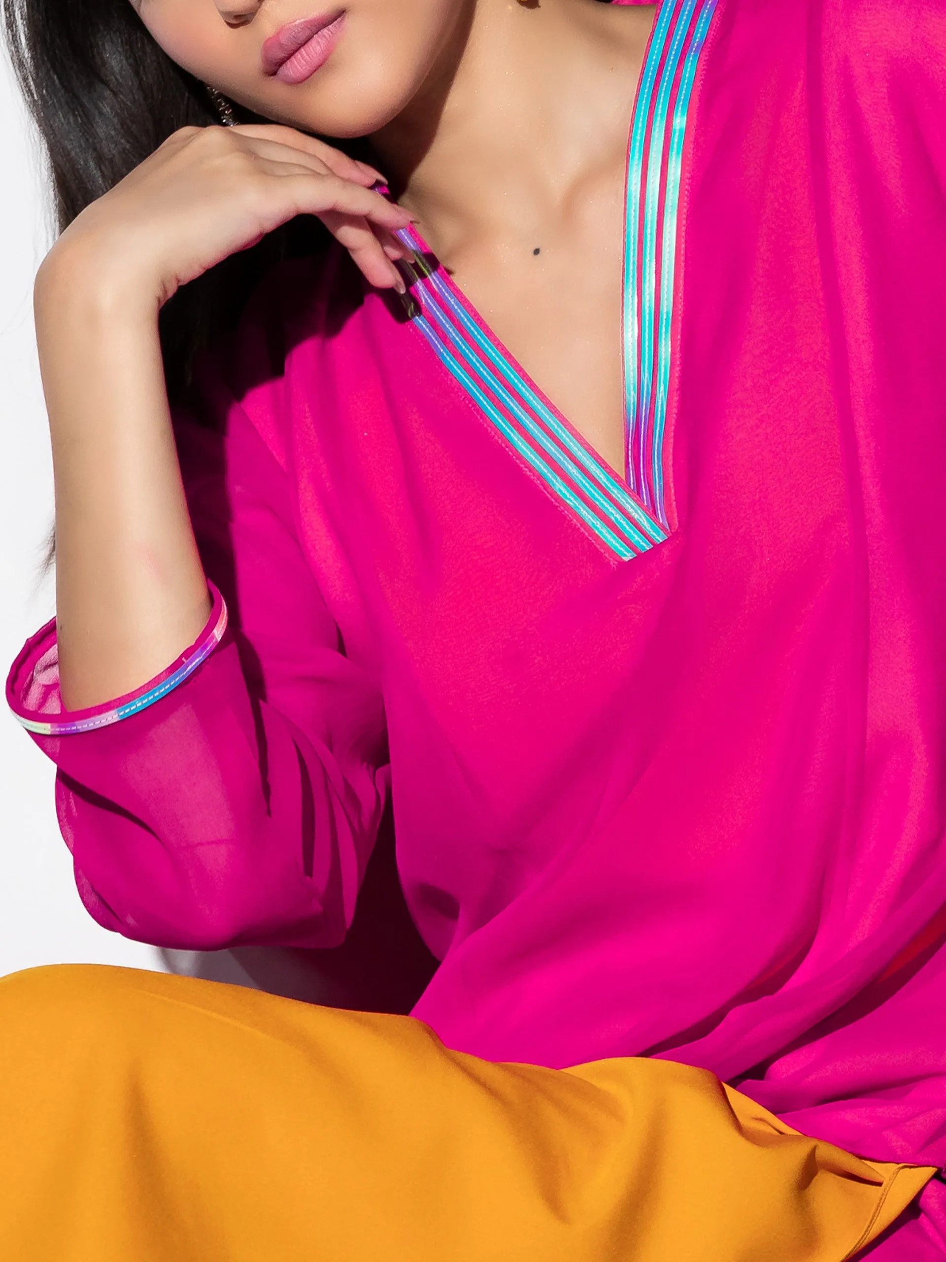 2pcs. Set | Pink & Yellow Surprise Georgette Kurta with contrast Inner lining with Pants