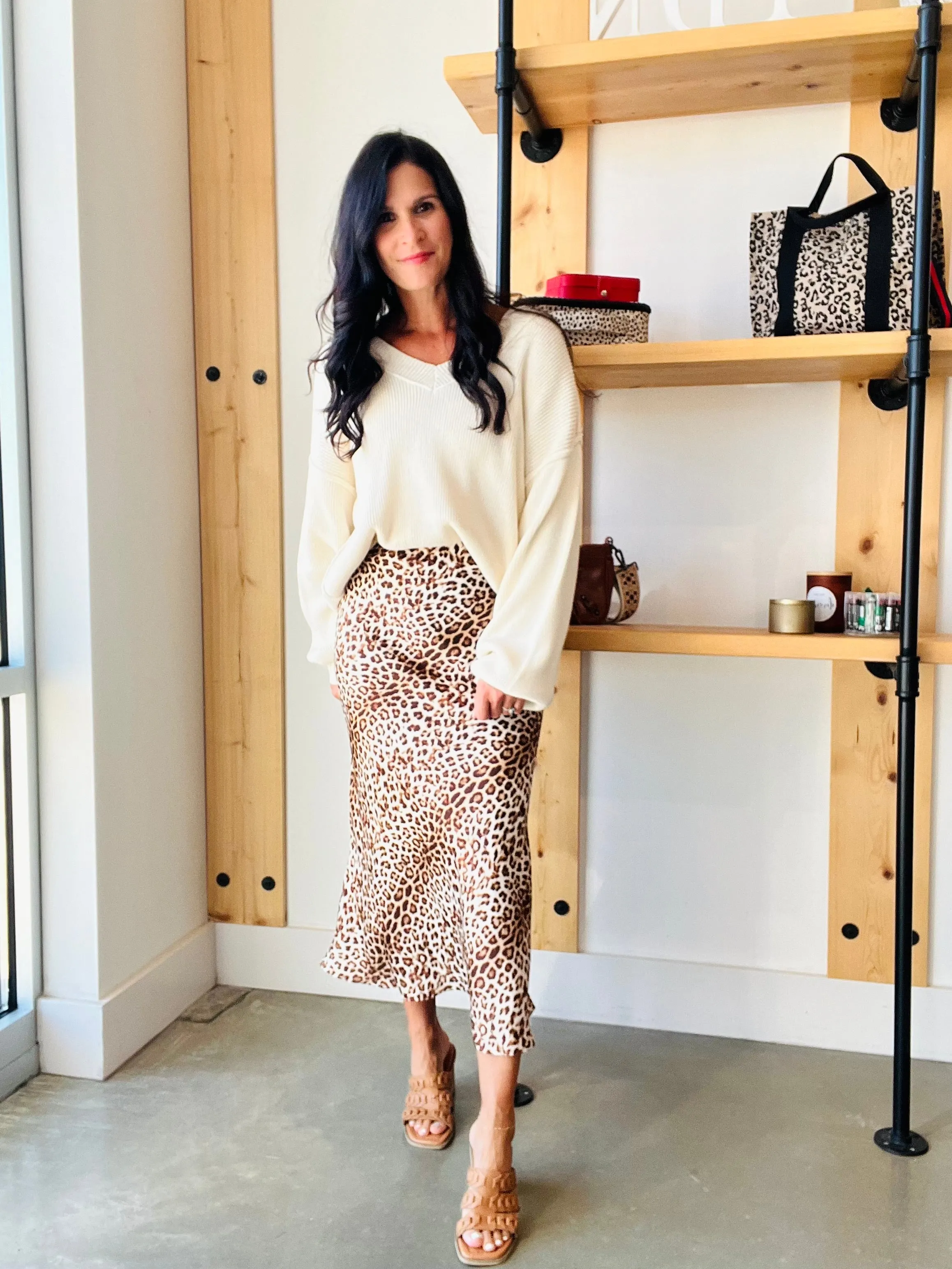 Animal Print Satin Midi Skirt