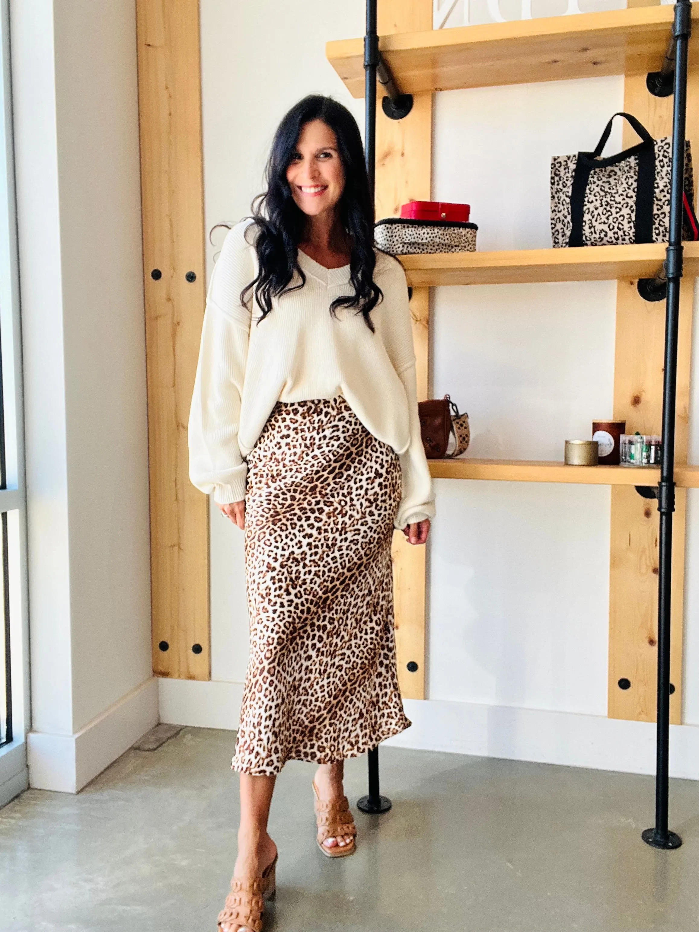Animal Print Satin Midi Skirt