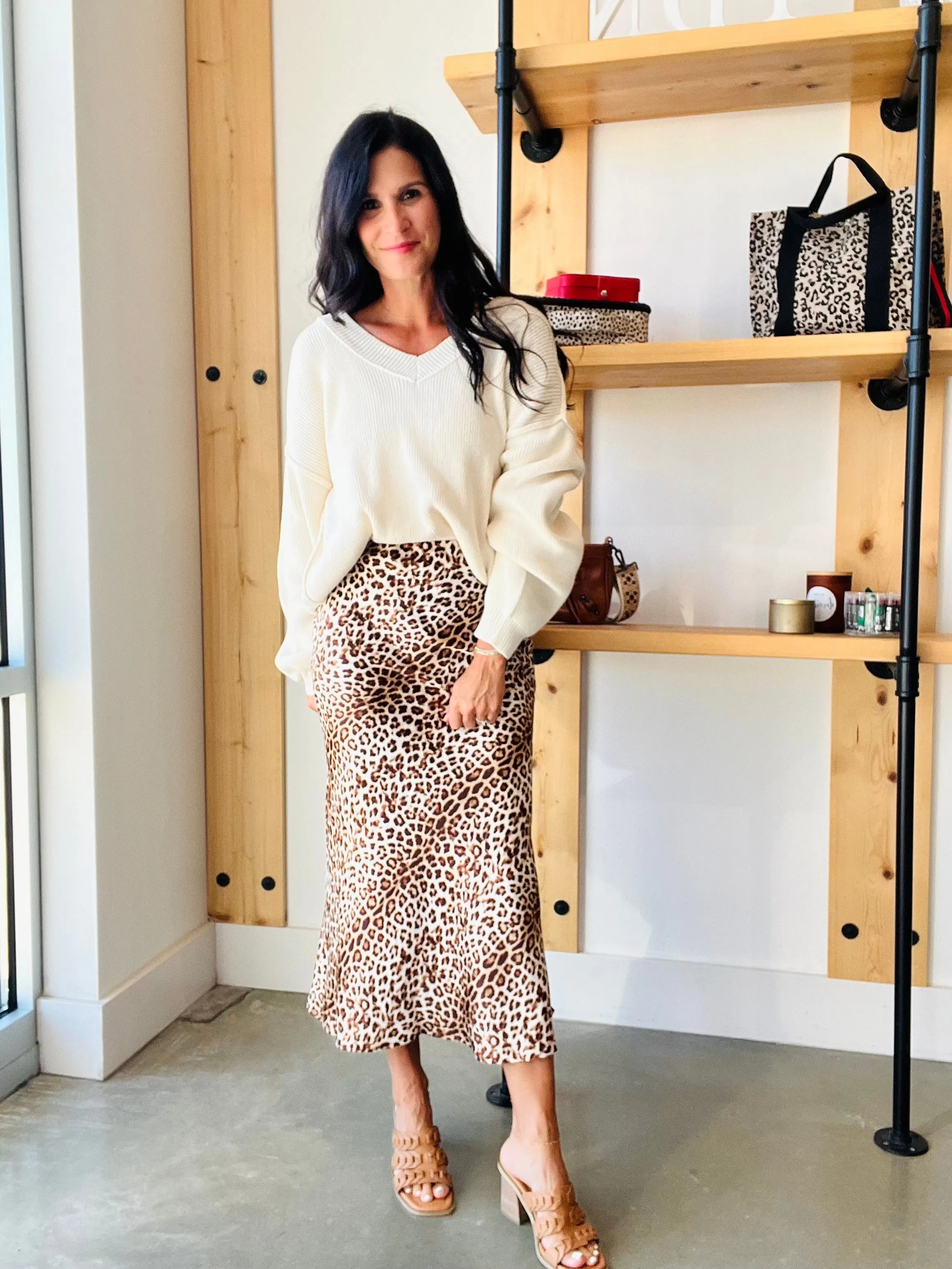 Animal Print Satin Midi Skirt