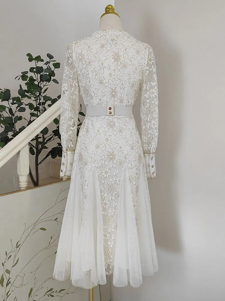 Annette V-Neck Lace Splicing Mesh Fishtail Flounce Inlaid With Faux Diamonds