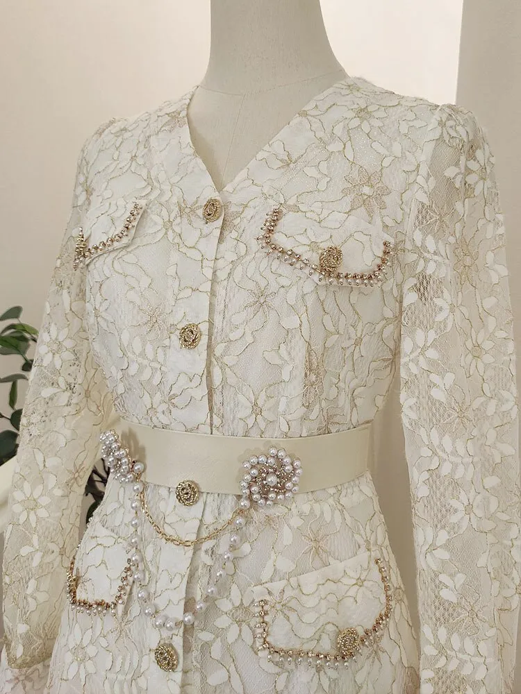 Annette V-Neck Lace Splicing Mesh Fishtail Flounce Inlaid With Faux Diamonds