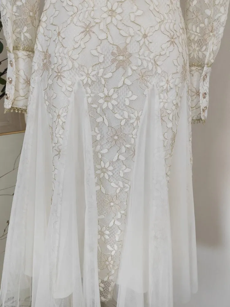 Annette V-Neck Lace Splicing Mesh Fishtail Flounce Inlaid With Faux Diamonds