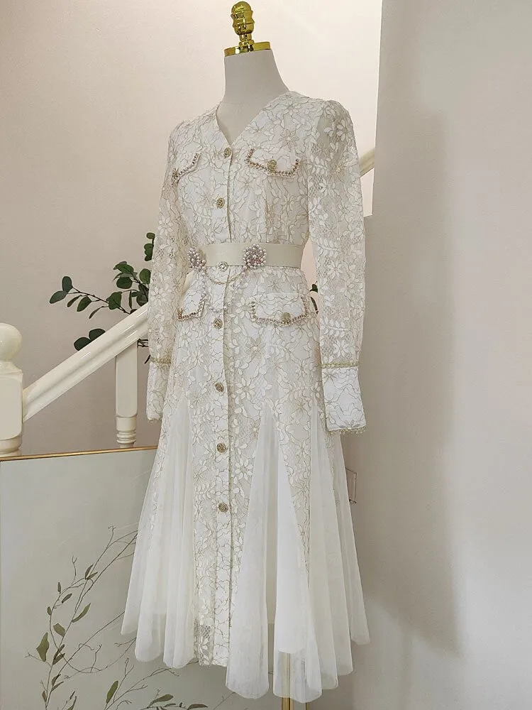 Annette V-Neck Lace Splicing Mesh Fishtail Flounce Inlaid With Faux Diamonds