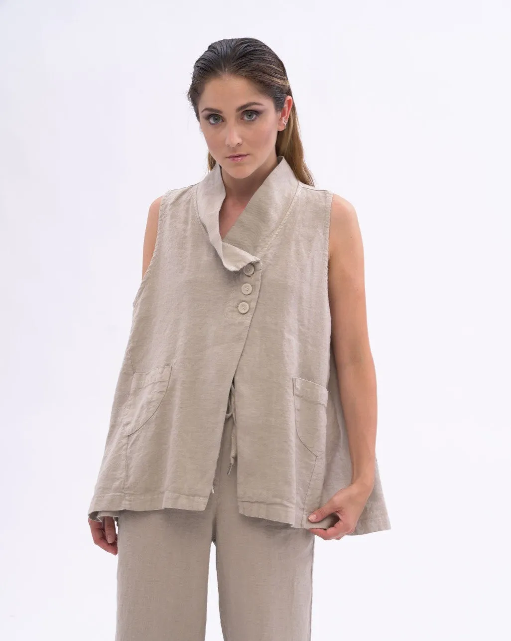 Asysemtrical Button Up Linen Vest