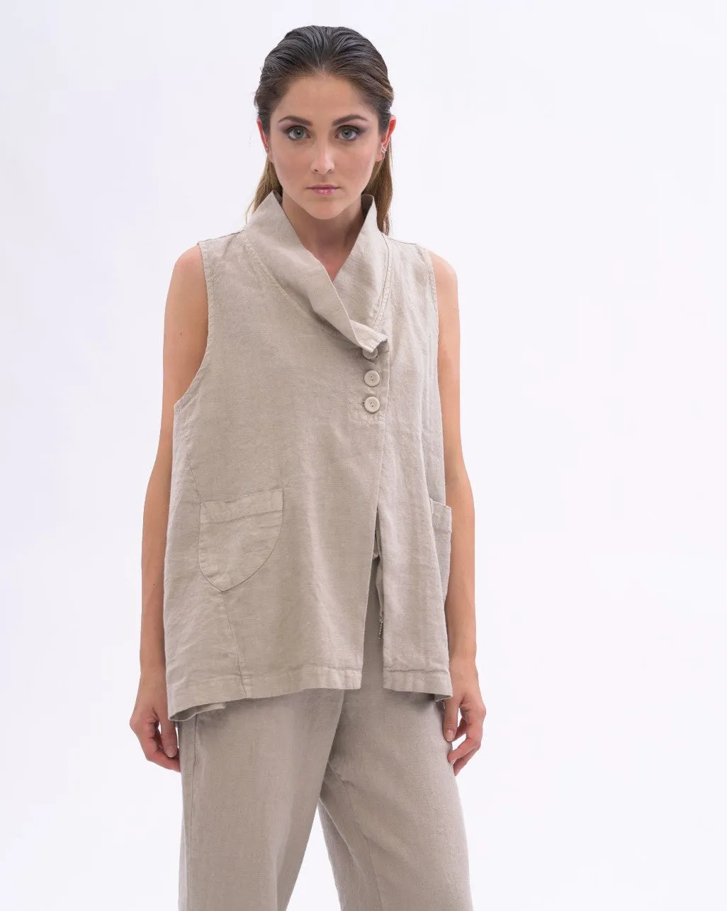 Asysemtrical Button Up Linen Vest