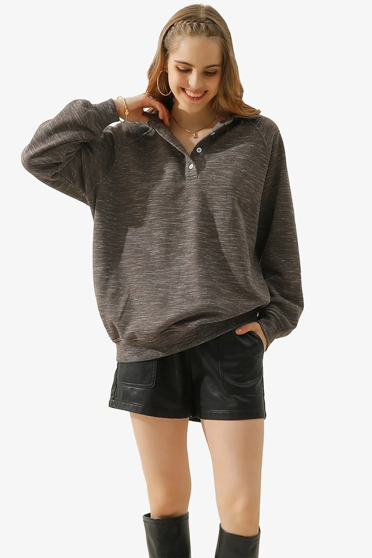 Avianna Oversized Fleece Polo Sweatshirt PLUS