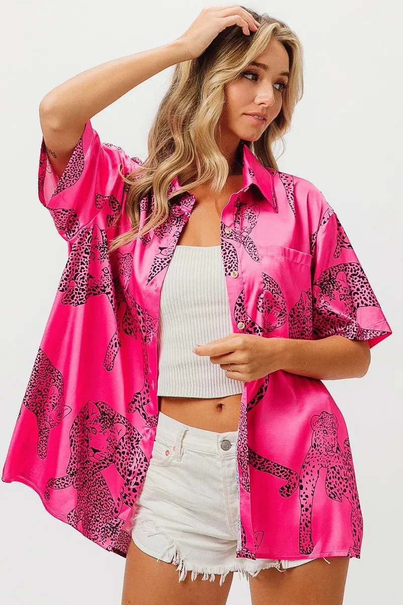 BiBi Leopard Print Short Sleeve Silky Satin Shirt Top