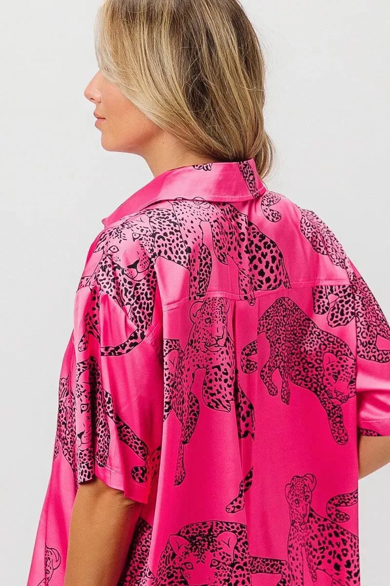 BiBi Leopard Print Short Sleeve Silky Satin Shirt Top