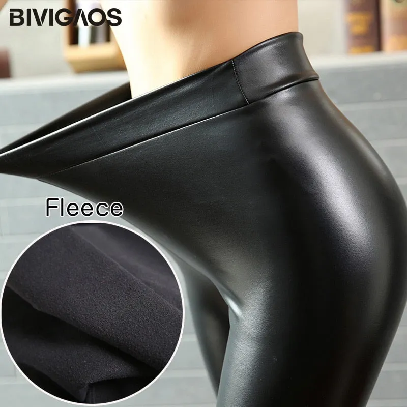 BIVIGAOS Fashion Women PU Leather Pants Elastic High Waist Winter Leggings Slim Velvet Leather Leggings Skinny Fleece Trousers