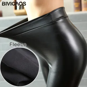 BIVIGAOS Fashion Women PU Leather Pants Elastic High Waist Winter Leggings Slim Velvet Leather Leggings Skinny Fleece Trousers