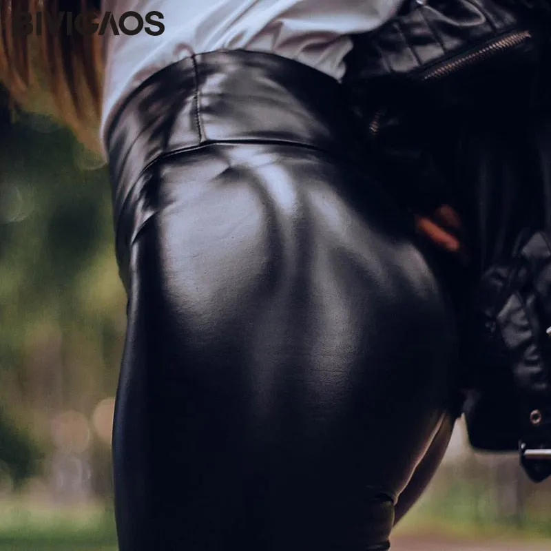 BIVIGAOS Fashion Women PU Leather Pants Elastic High Waist Winter Leggings Slim Velvet Leather Leggings Skinny Fleece Trousers