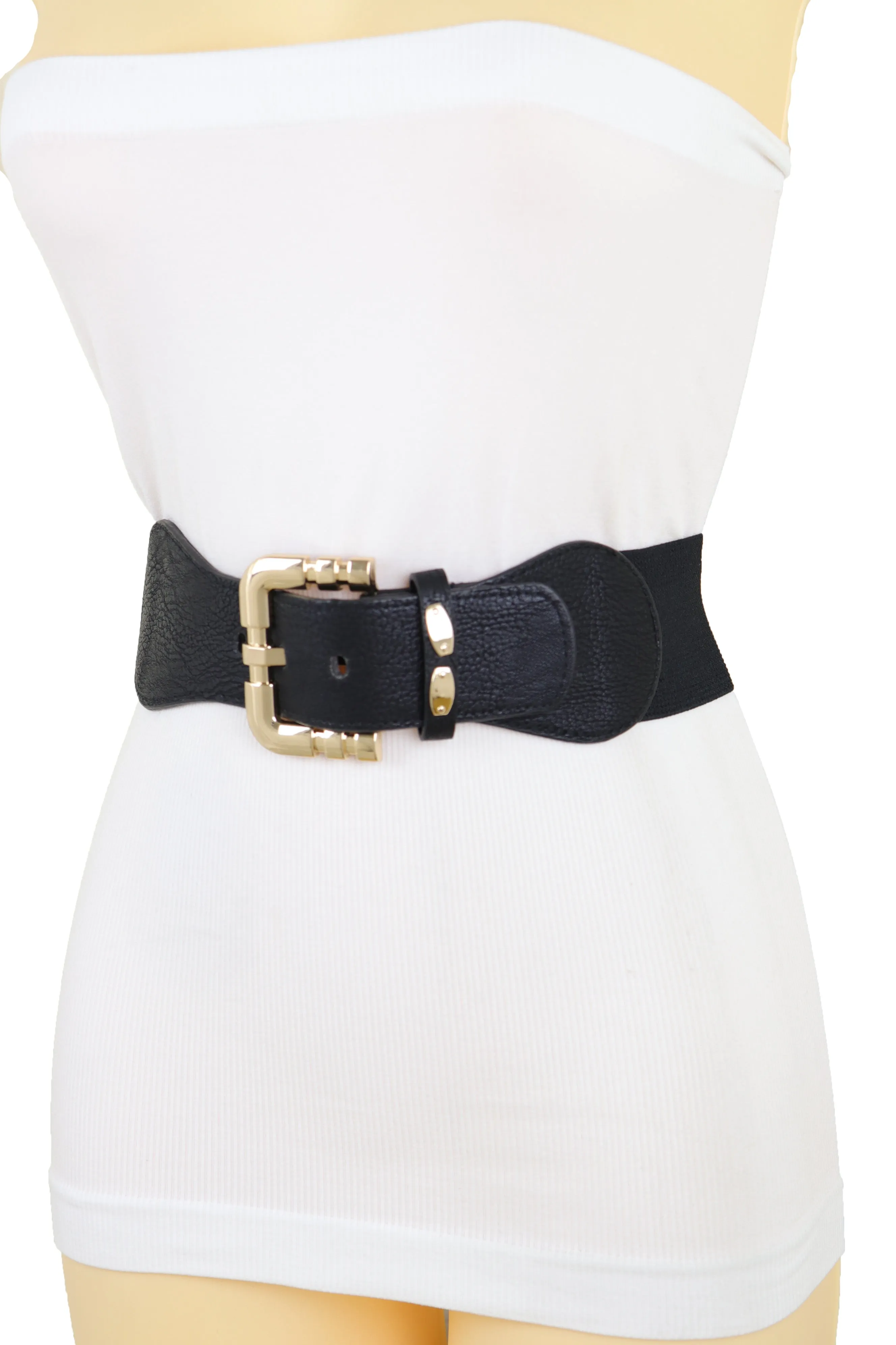 Black Faux Leather Elastic Waist Hip Belt Gold Metal Square Buckle Fit S M