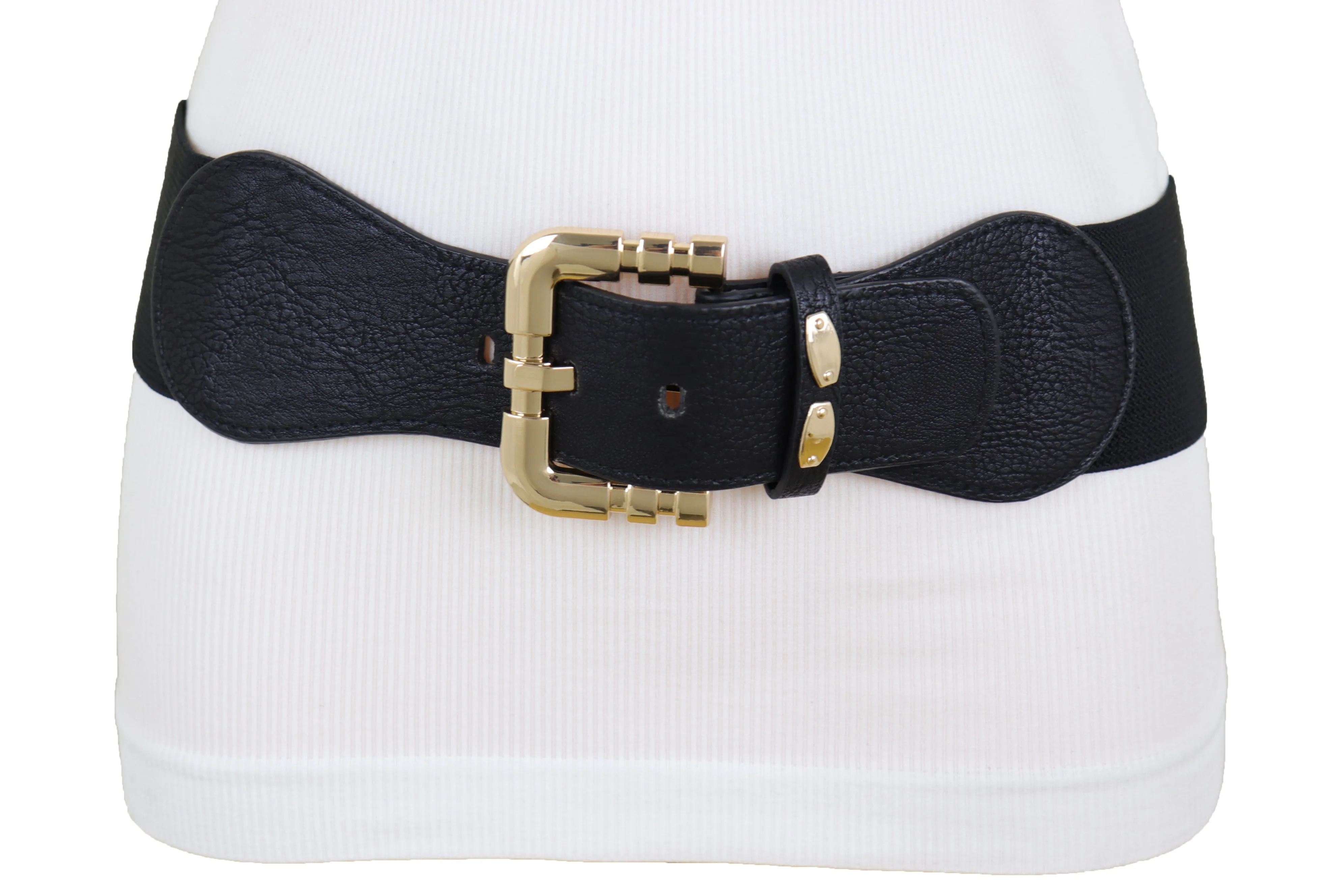 Black Faux Leather Elastic Waist Hip Belt Gold Metal Square Buckle Fit S M