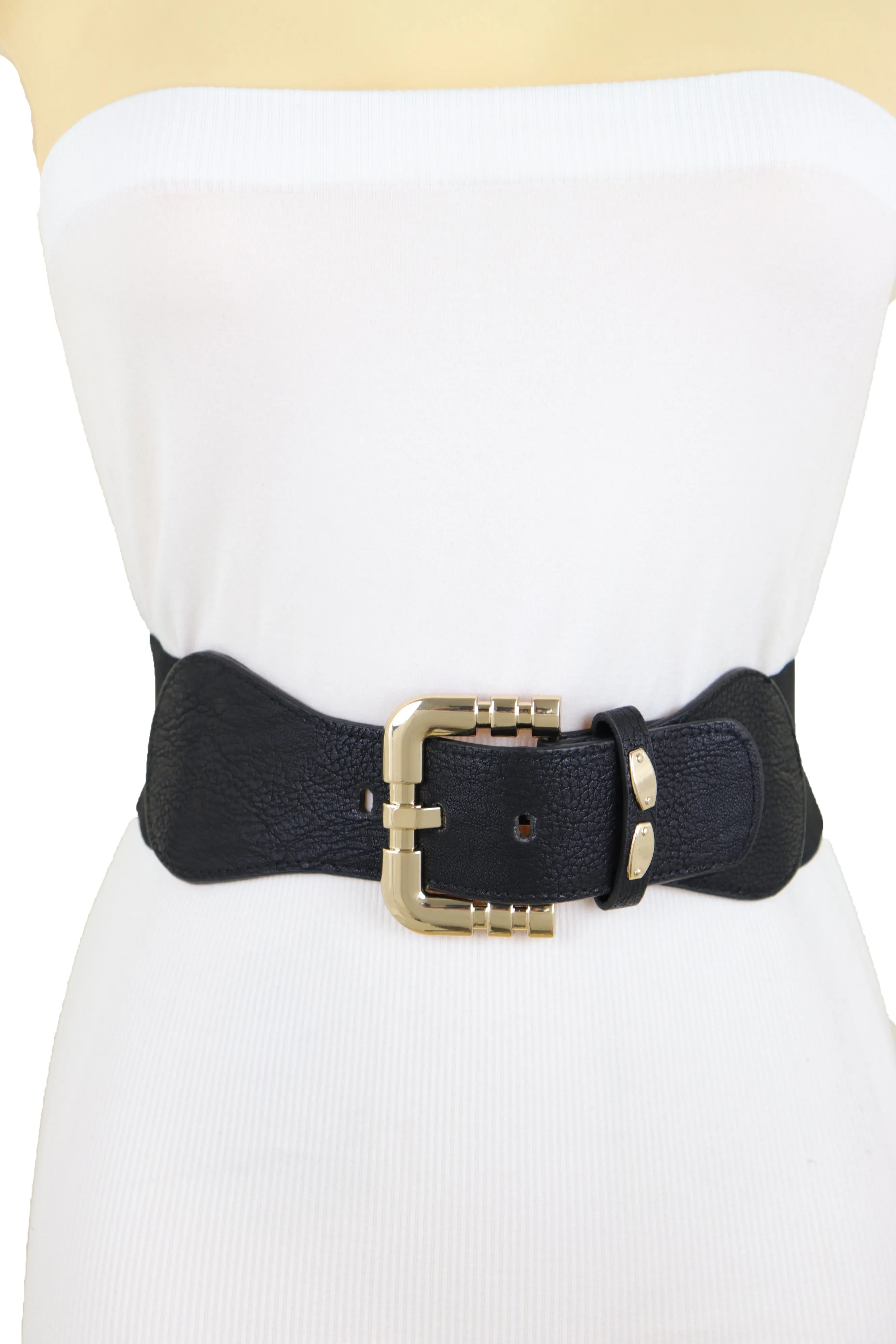 Black Faux Leather Elastic Waist Hip Belt Gold Metal Square Buckle Fit S M