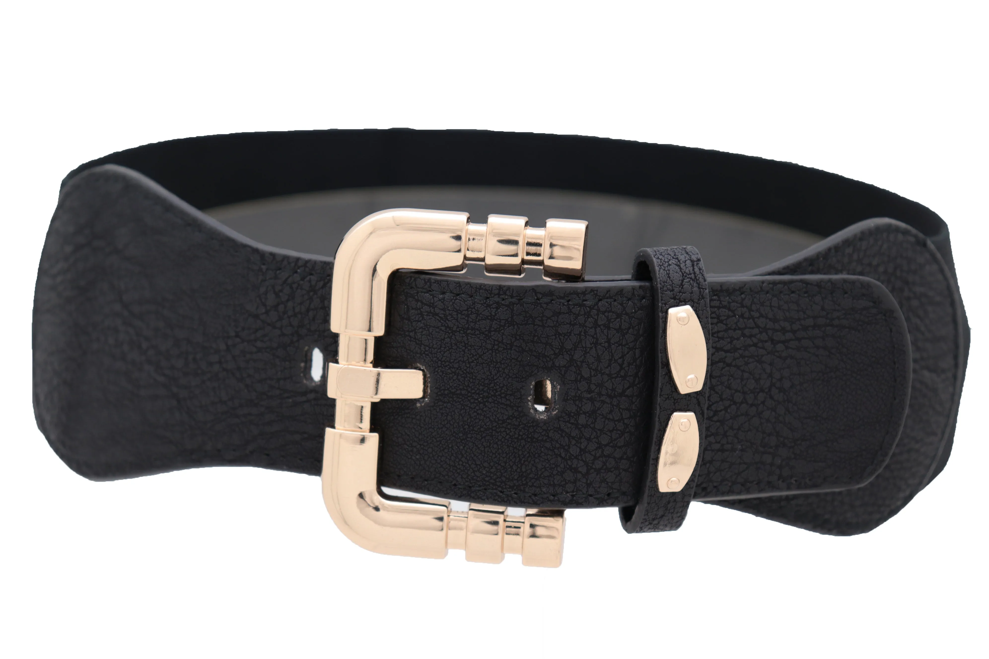 Black Faux Leather Elastic Waist Hip Belt Gold Metal Square Buckle Fit S M