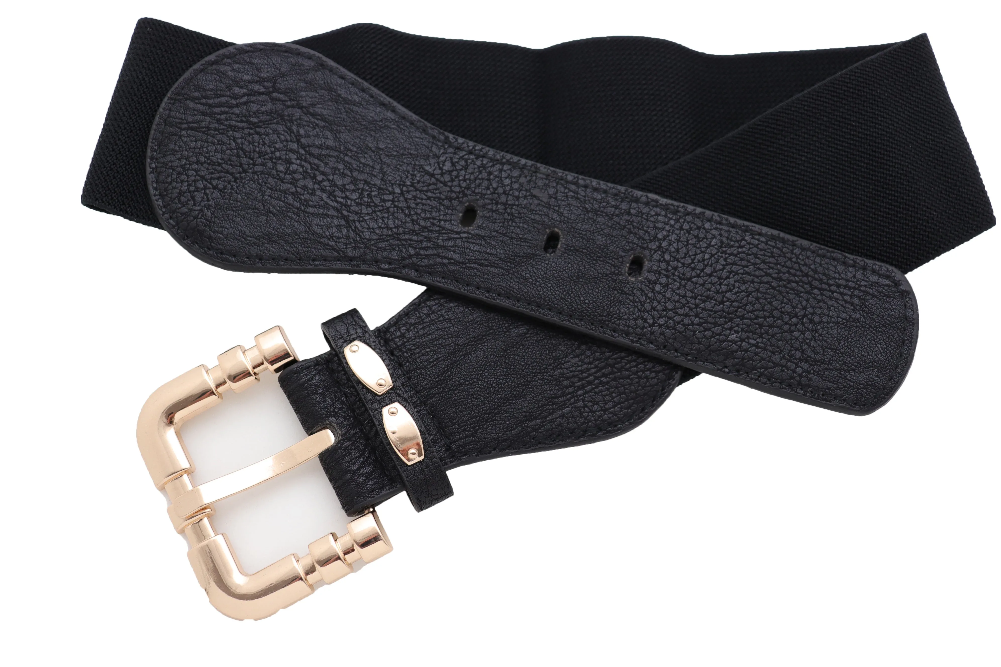Black Faux Leather Elastic Waist Hip Belt Gold Metal Square Buckle Fit S M