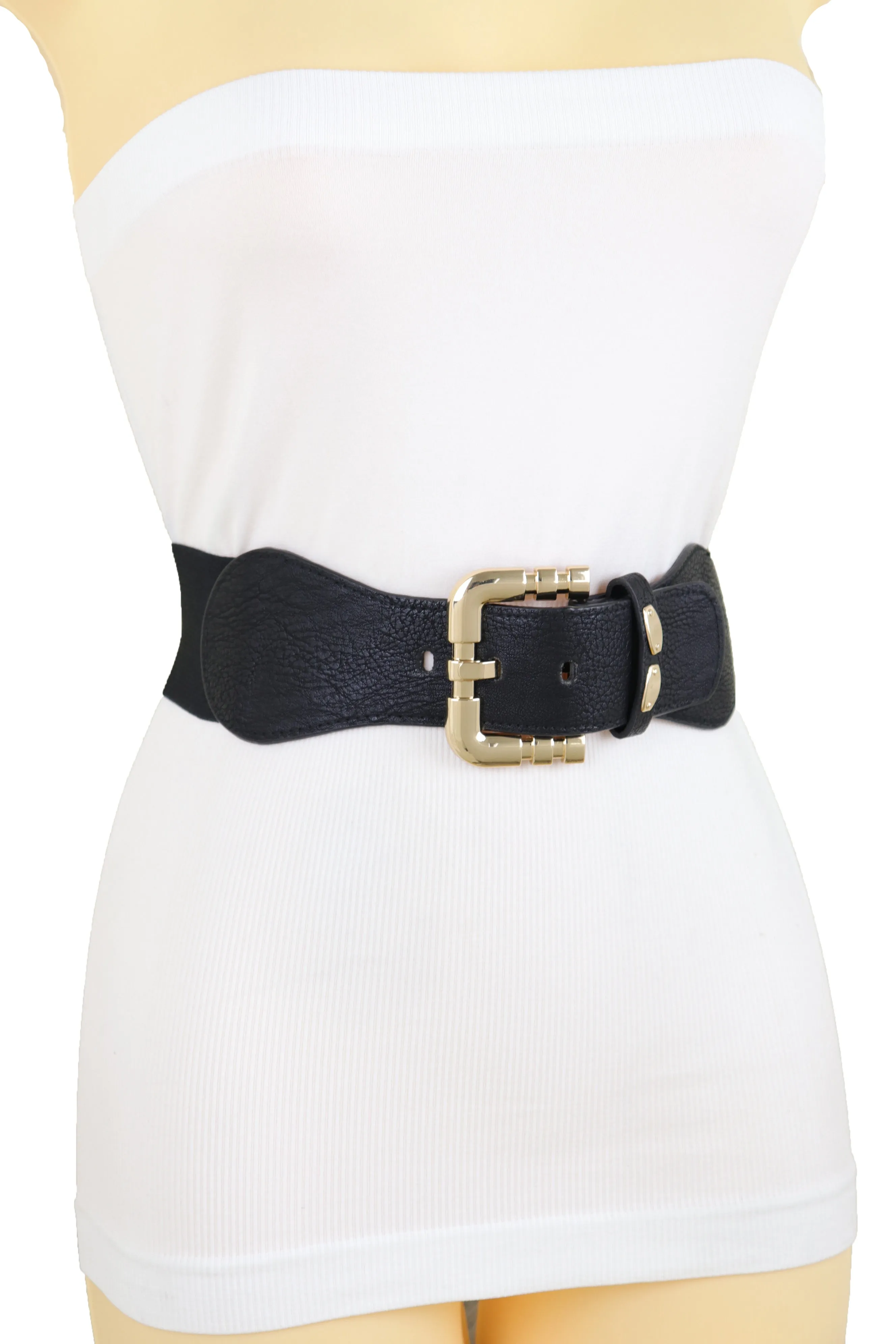 Black Faux Leather Elastic Waist Hip Belt Gold Metal Square Buckle Fit S M