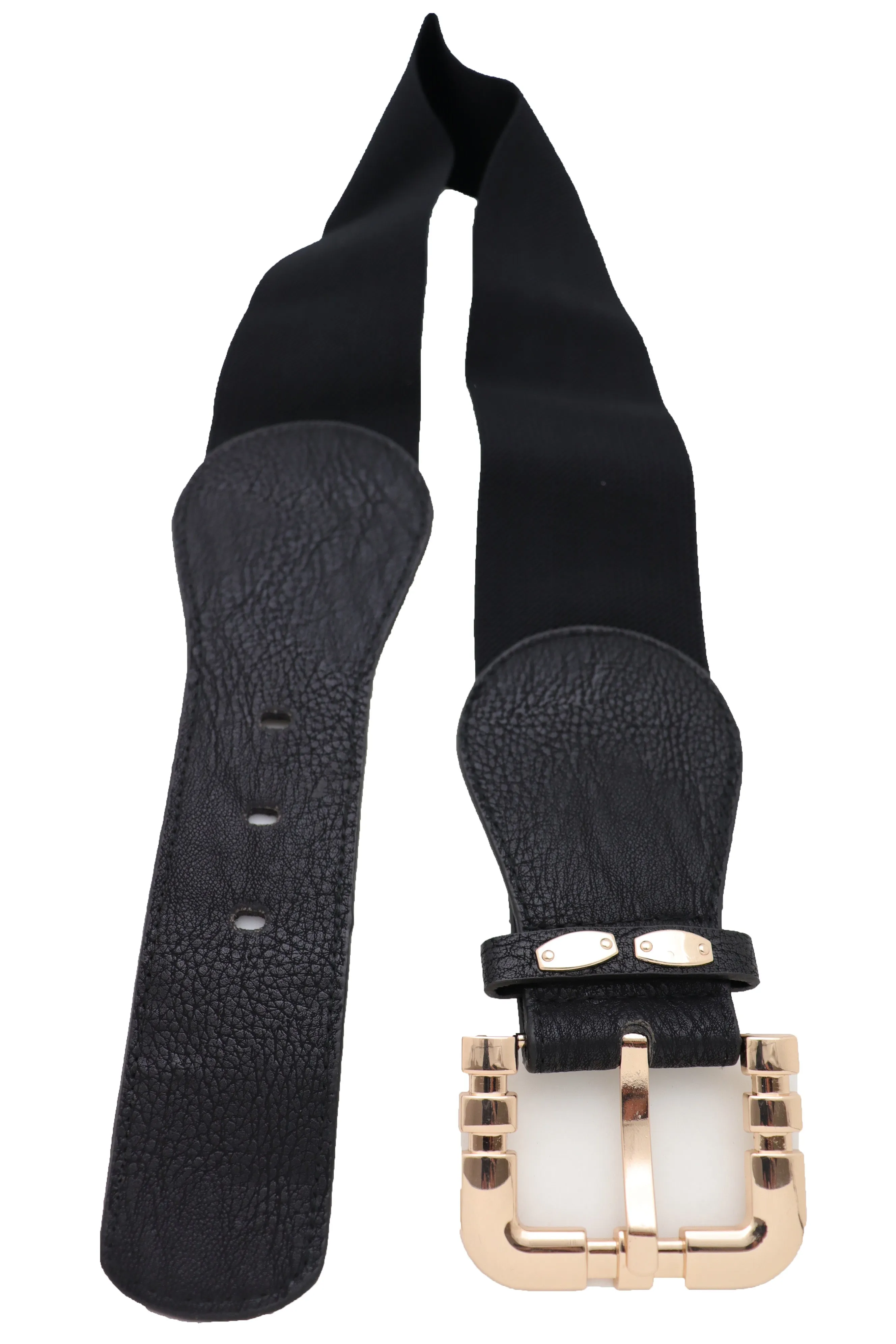 Black Faux Leather Elastic Waist Hip Belt Gold Metal Square Buckle Fit S M