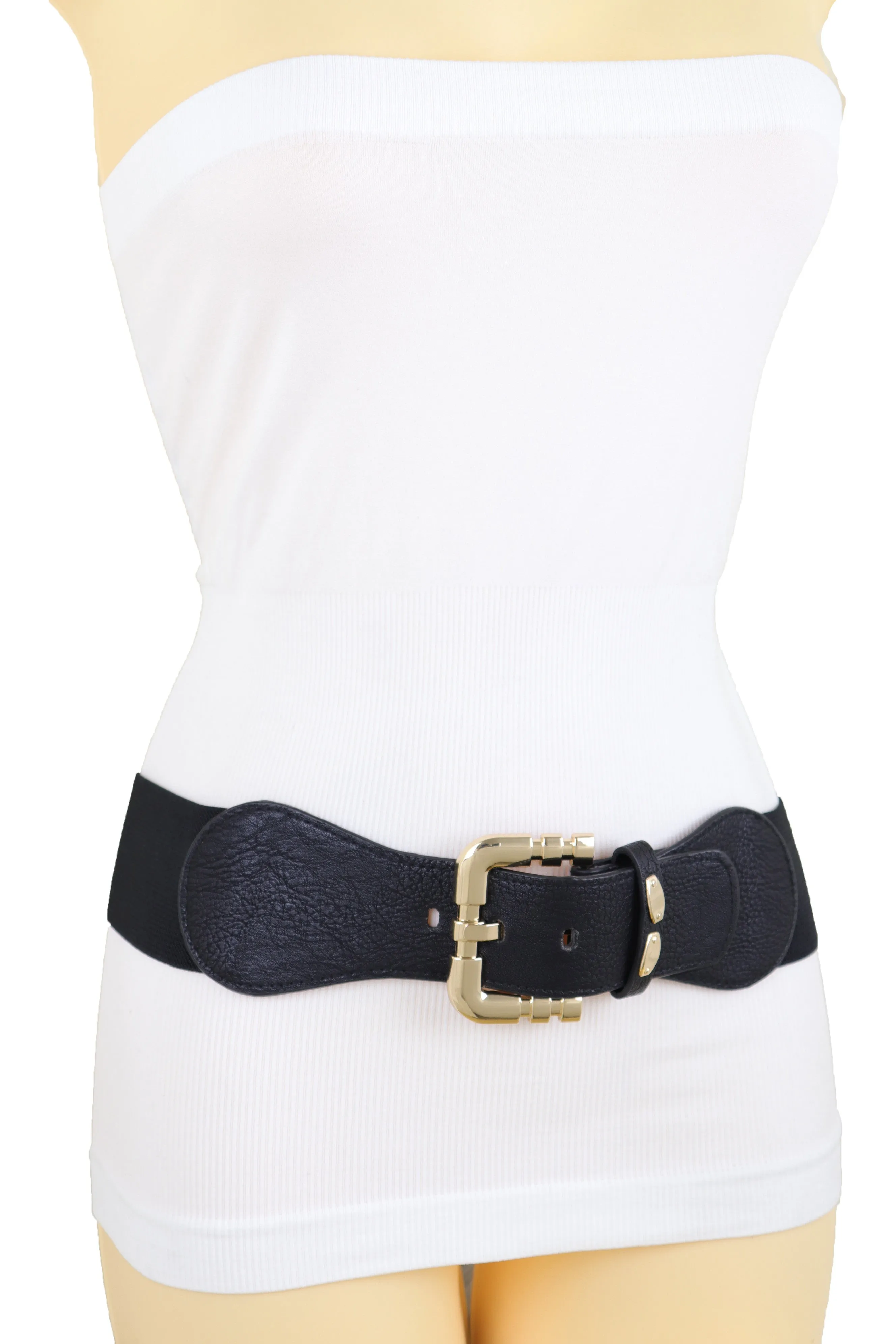 Black Faux Leather Elastic Waist Hip Belt Gold Metal Square Buckle Fit S M