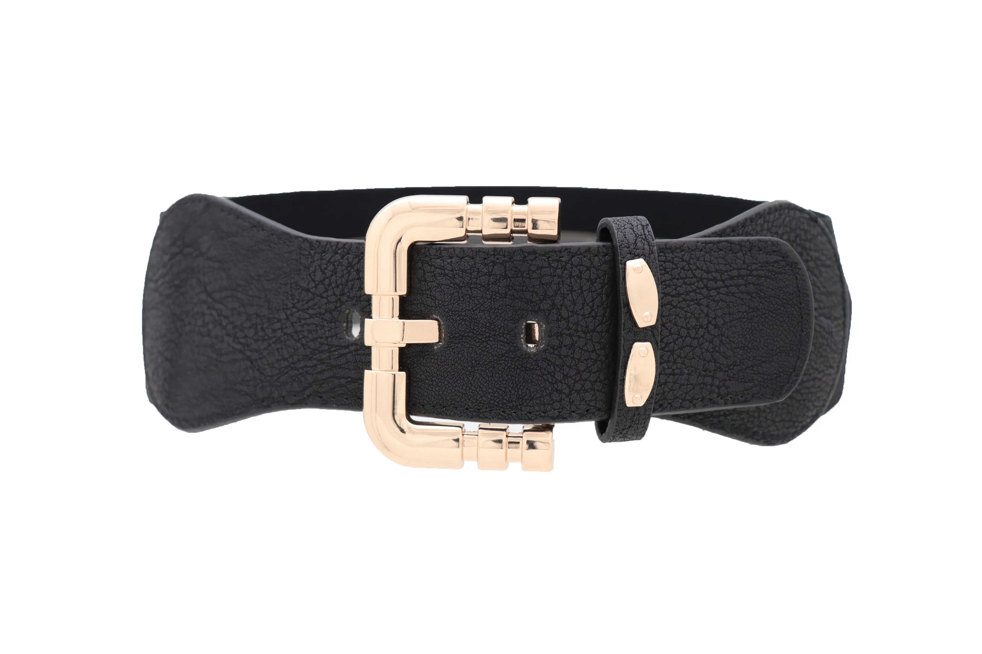 Black Faux Leather Elastic Waist Hip Belt Gold Metal Square Buckle Fit S M