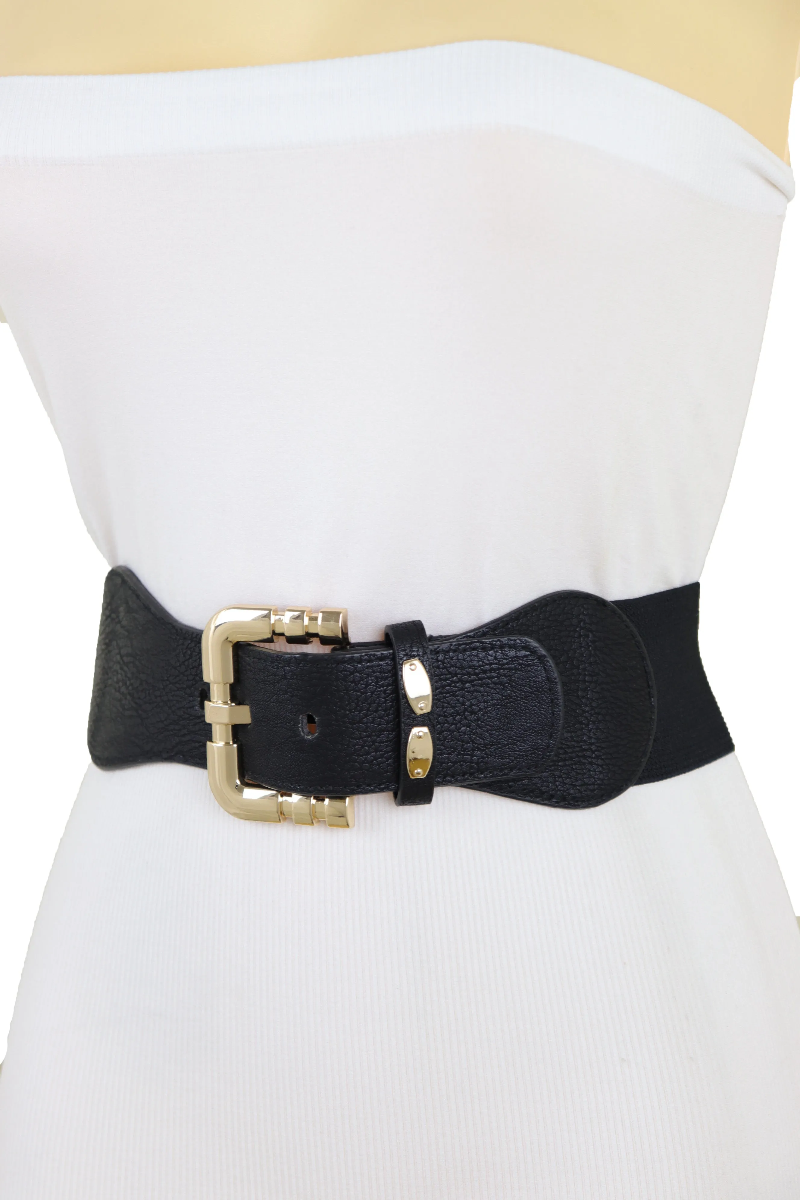 Black Faux Leather Elastic Waist Hip Belt Gold Metal Square Buckle Fit S M