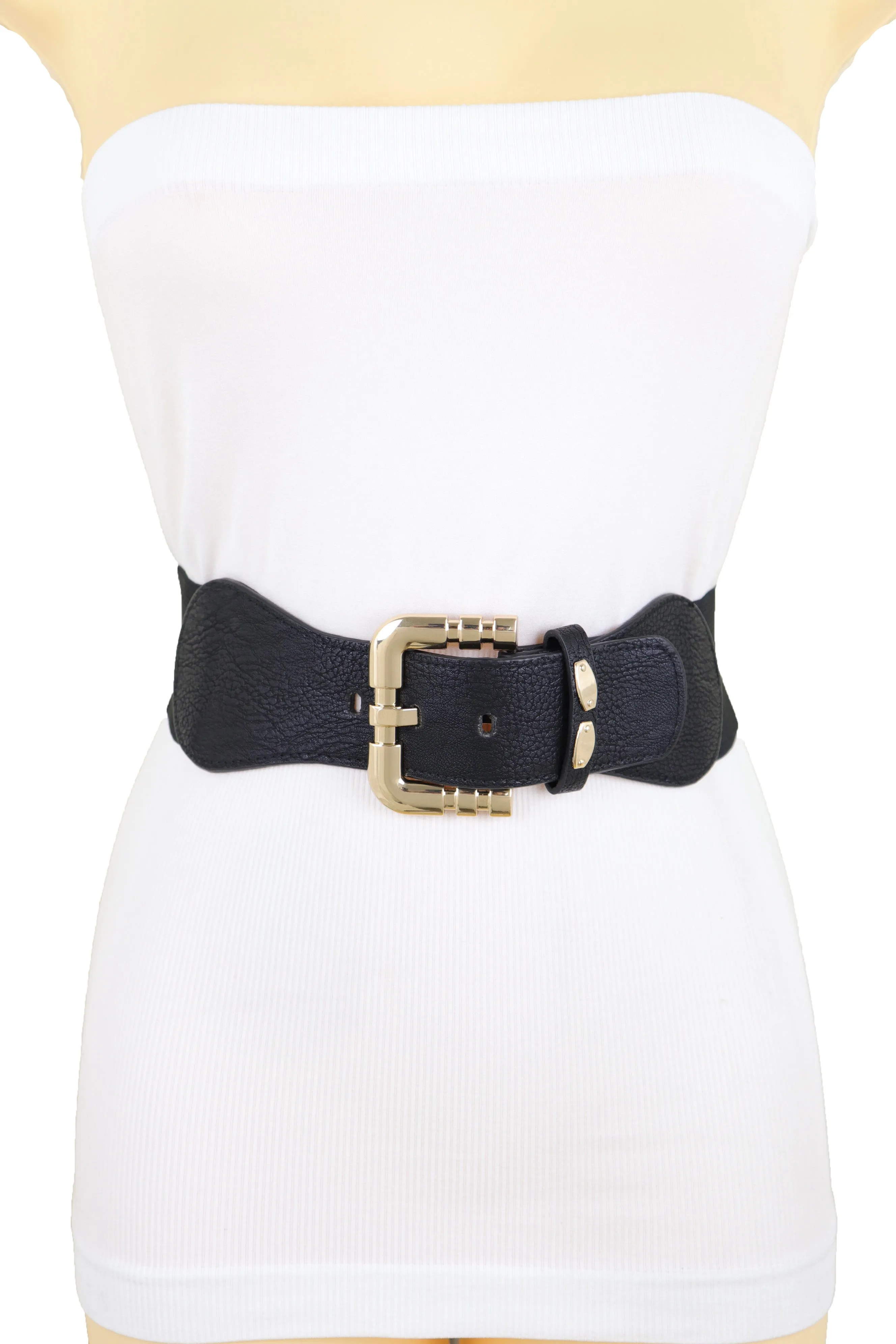 Black Faux Leather Elastic Waist Hip Belt Gold Metal Square Buckle Fit S M