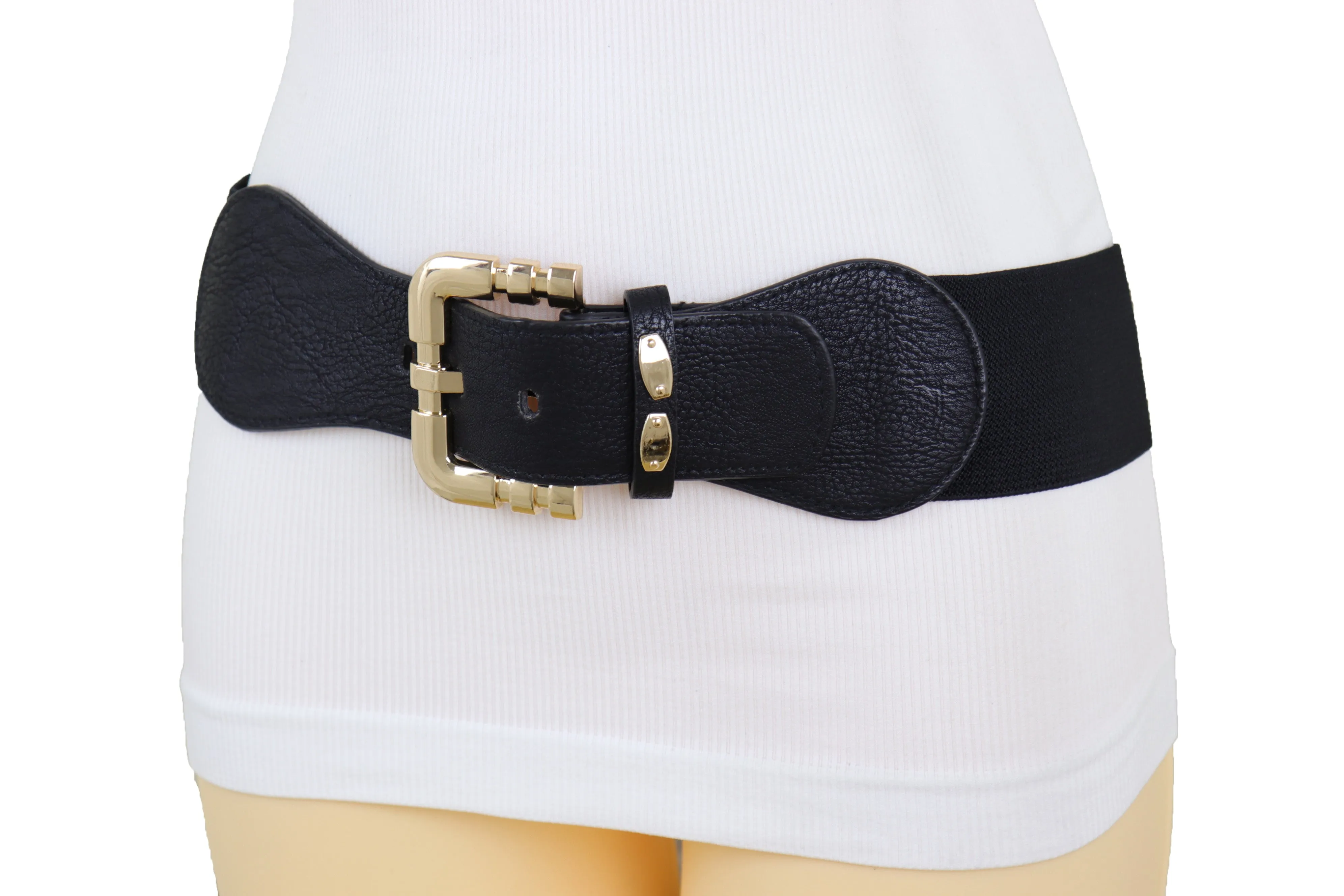 Black Faux Leather Elastic Waist Hip Belt Gold Metal Square Buckle Fit S M