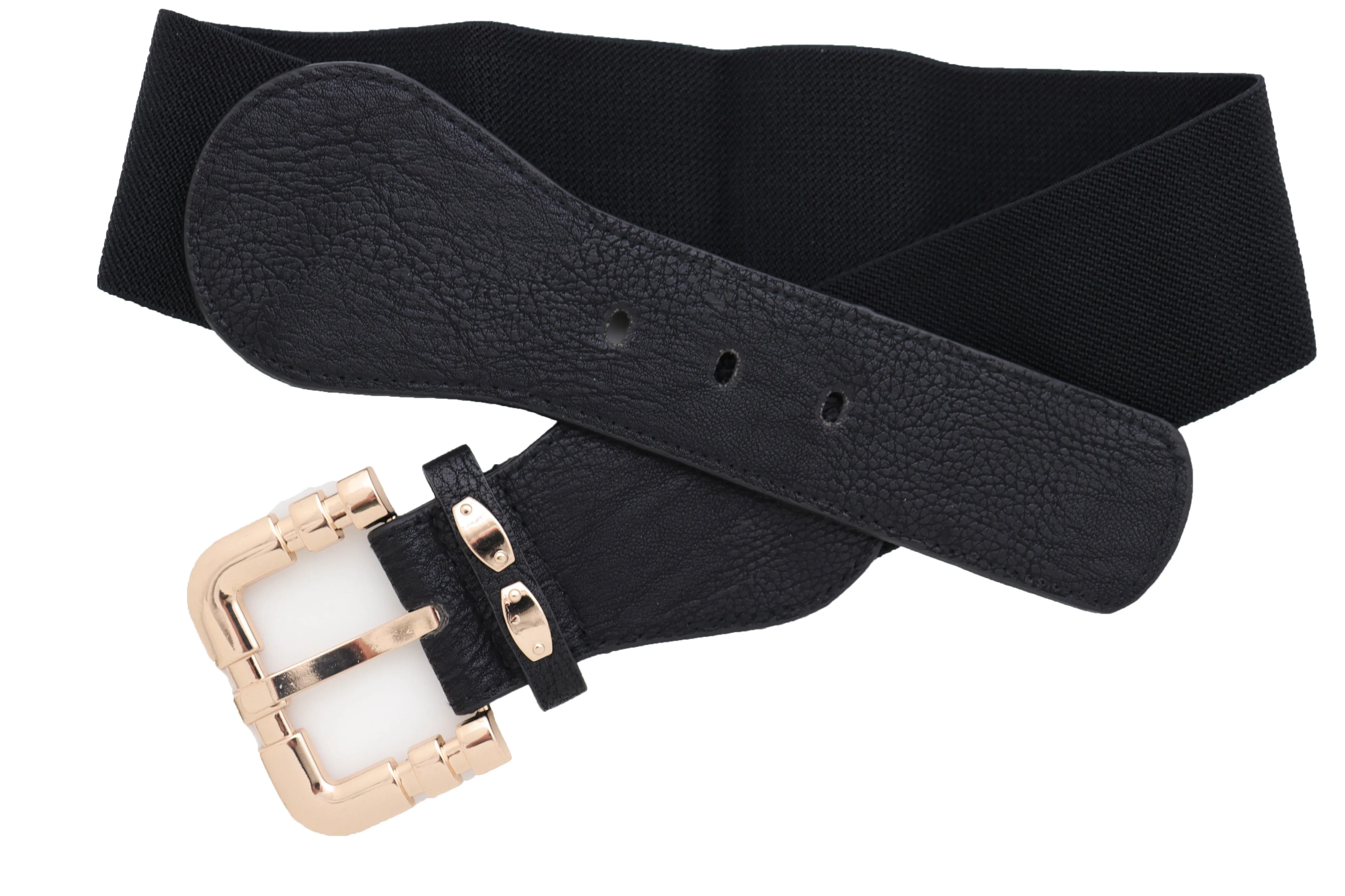 Black Faux Leather Elastic Waist Hip Belt Gold Metal Square Buckle Fit S M