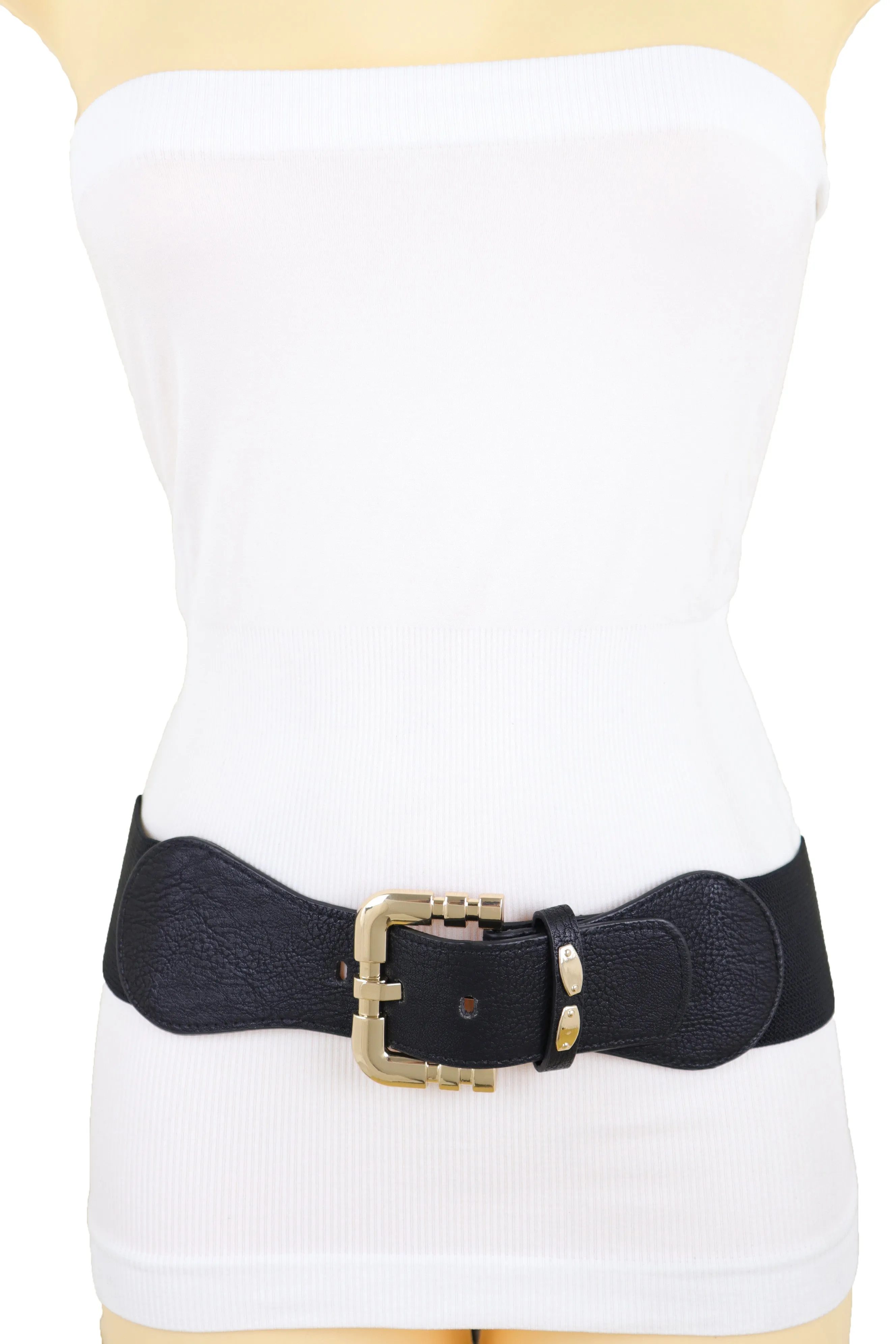 Black Faux Leather Elastic Waist Hip Belt Gold Metal Square Buckle Fit S M