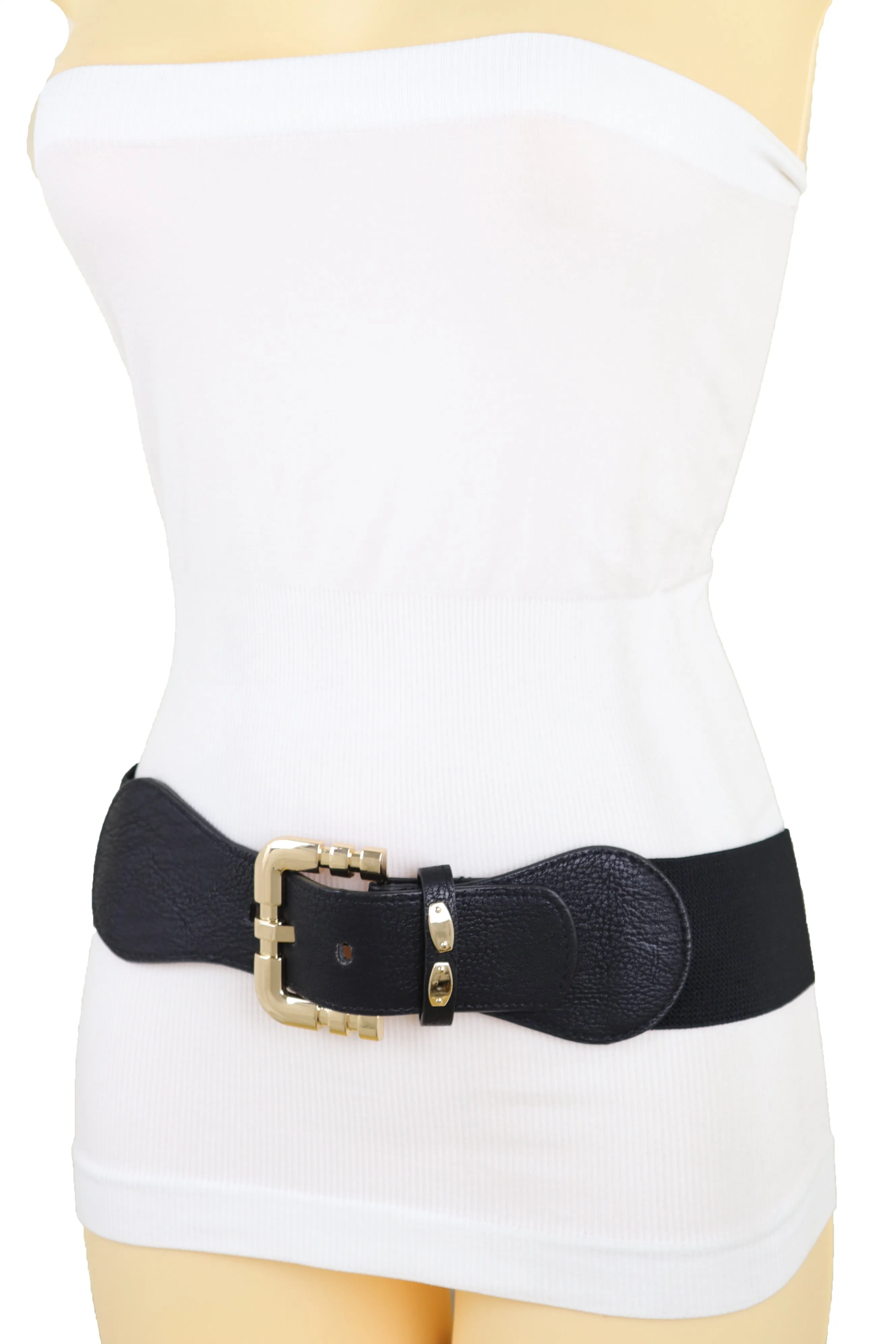 Black Faux Leather Elastic Waist Hip Belt Gold Metal Square Buckle Fit S M