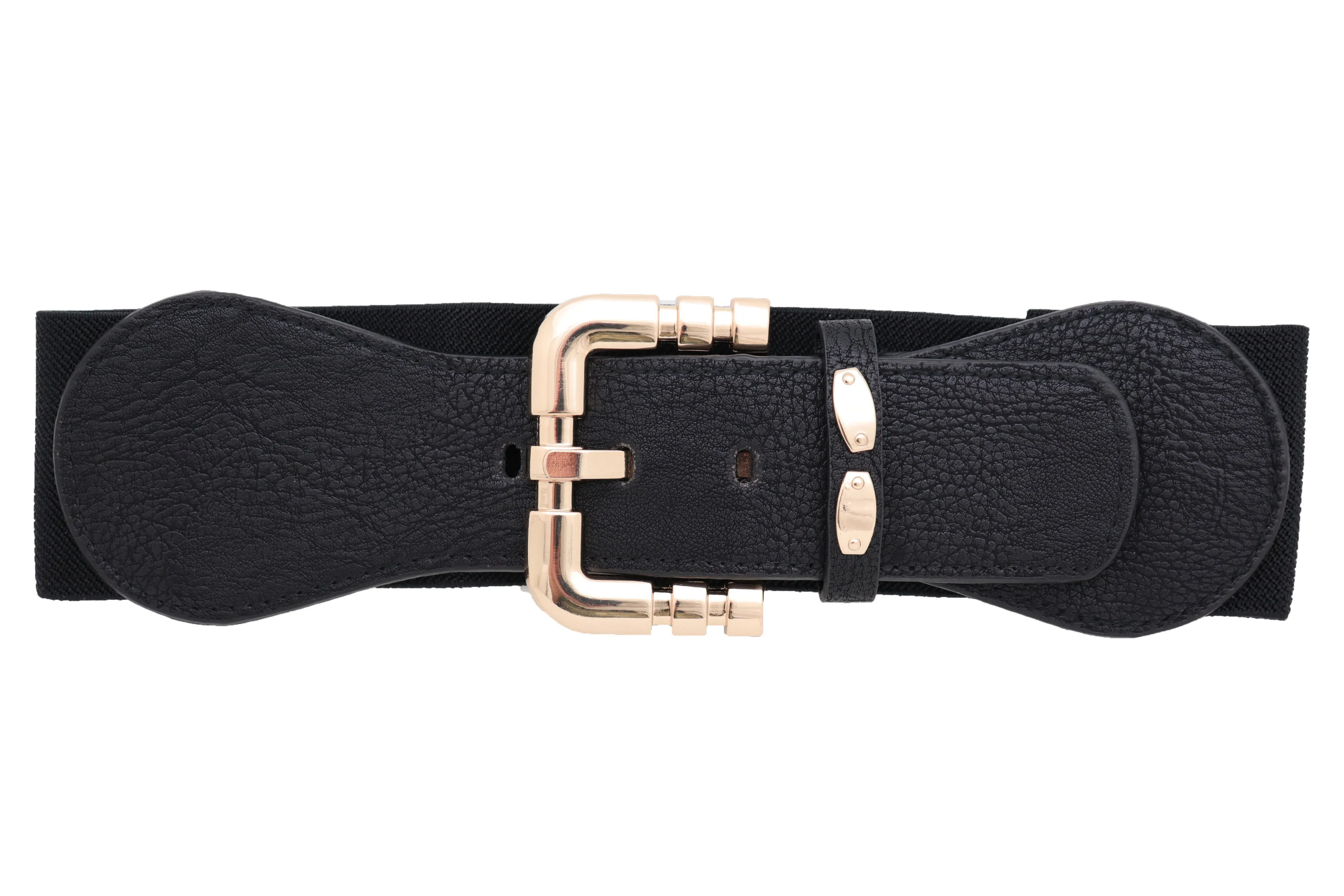 Black Faux Leather Elastic Waist Hip Belt Gold Metal Square Buckle Fit S M