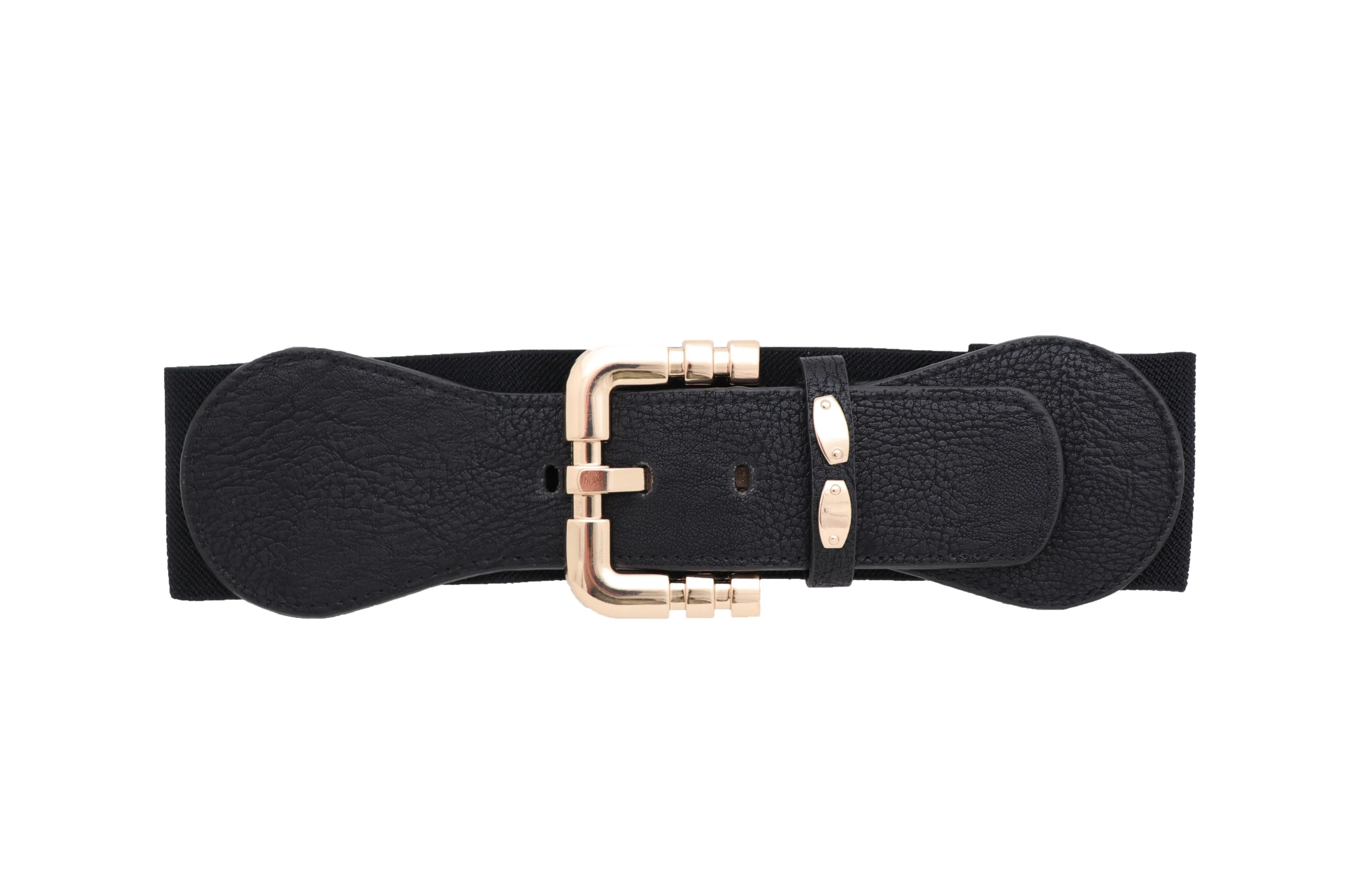 Black Faux Leather Elastic Waist Hip Belt Gold Metal Square Buckle Fit S M