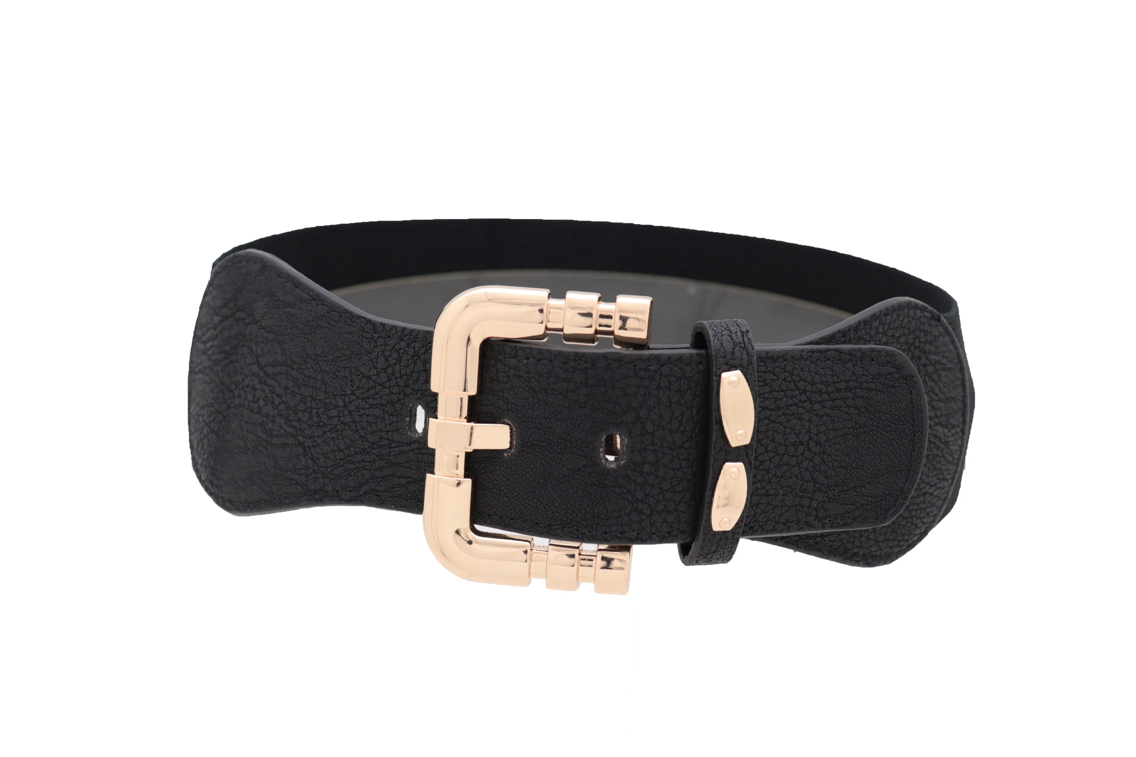 Black Faux Leather Elastic Waist Hip Belt Gold Metal Square Buckle Fit S M