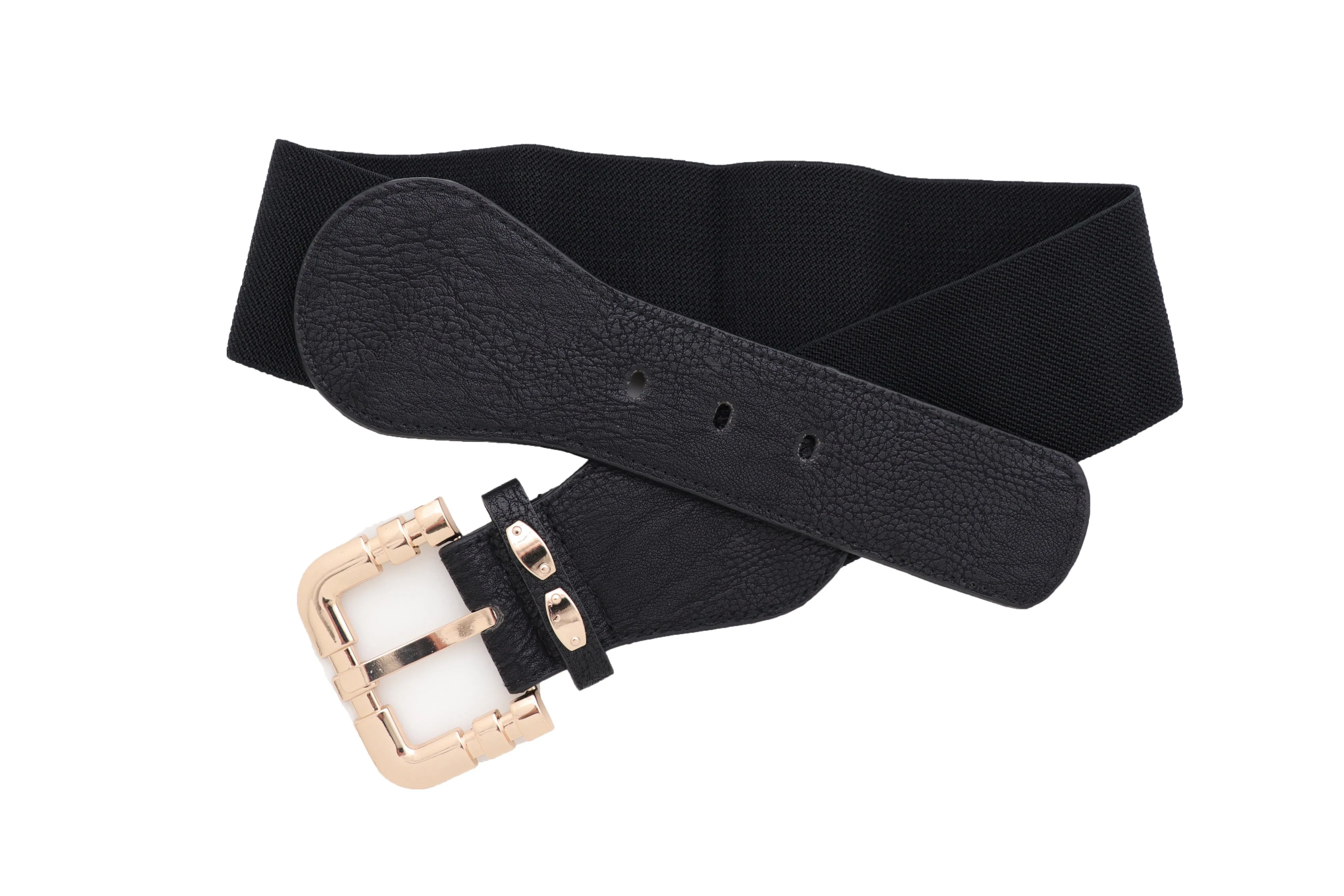 Black Faux Leather Elastic Waist Hip Belt Gold Metal Square Buckle Fit S M