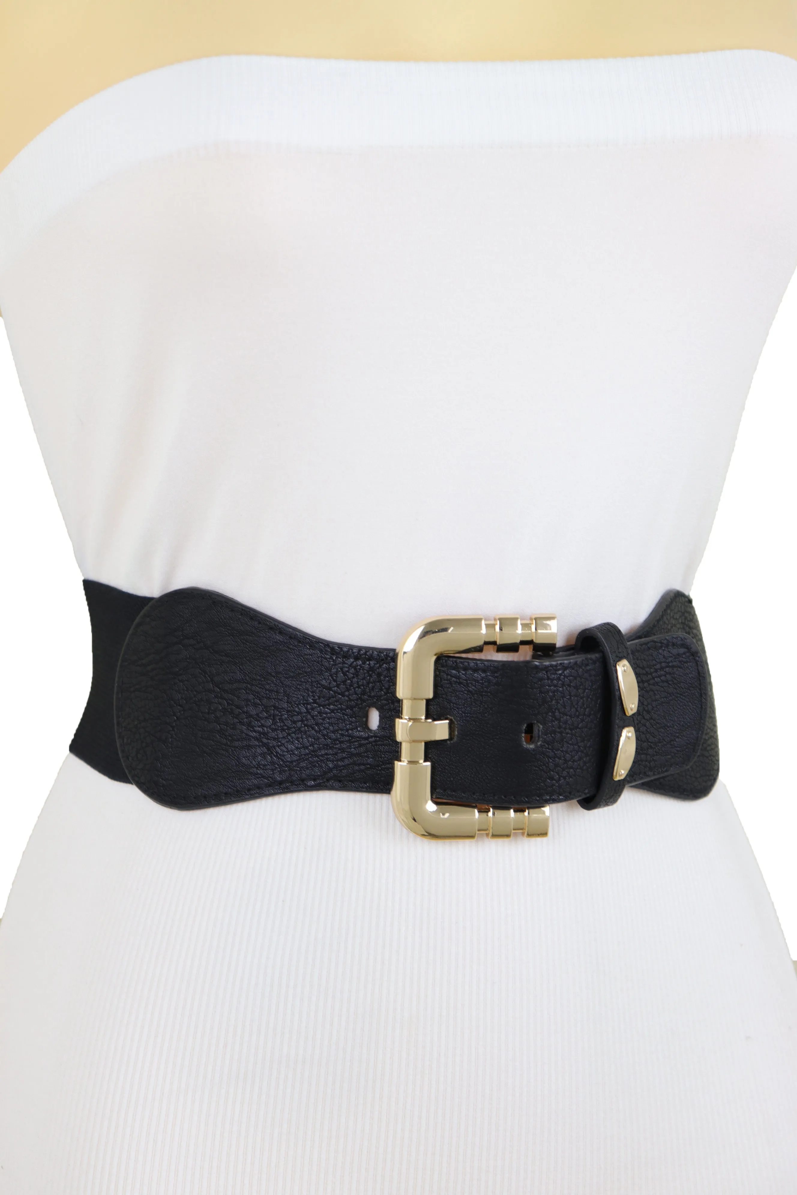 Black Faux Leather Elastic Waist Hip Belt Gold Metal Square Buckle Fit S M