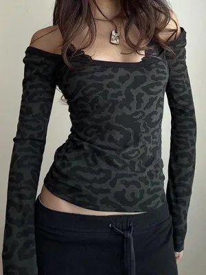 Black Lace Leopard Print Fake Two Piece T-Shirt