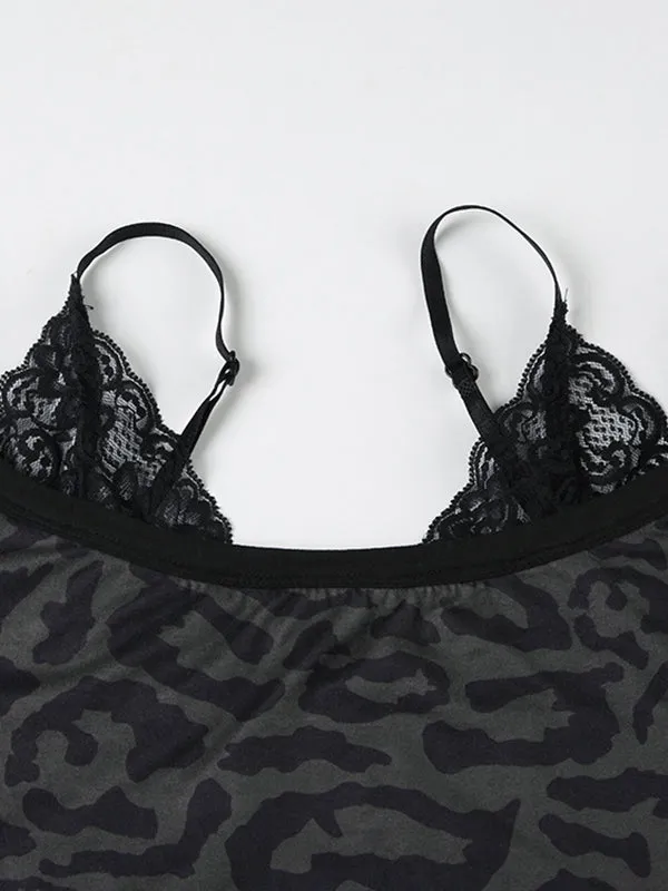 Black Lace Leopard Print Fake Two Piece T-Shirt