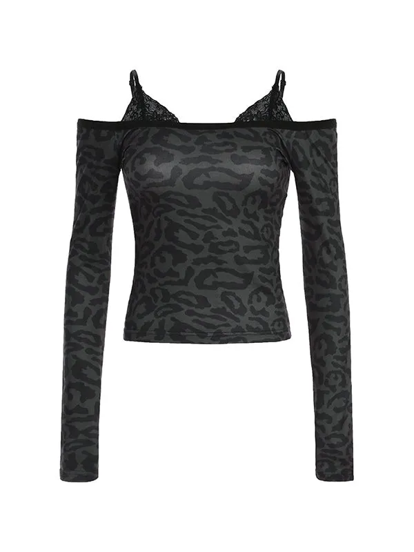 Black Lace Leopard Print Fake Two Piece T-Shirt