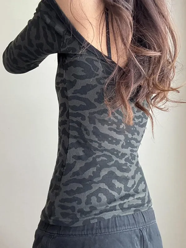 Black Lace Leopard Print Fake Two Piece T-Shirt