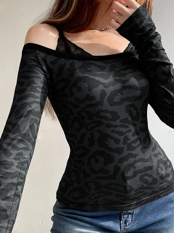 Black Lace Leopard Print Fake Two Piece T-Shirt