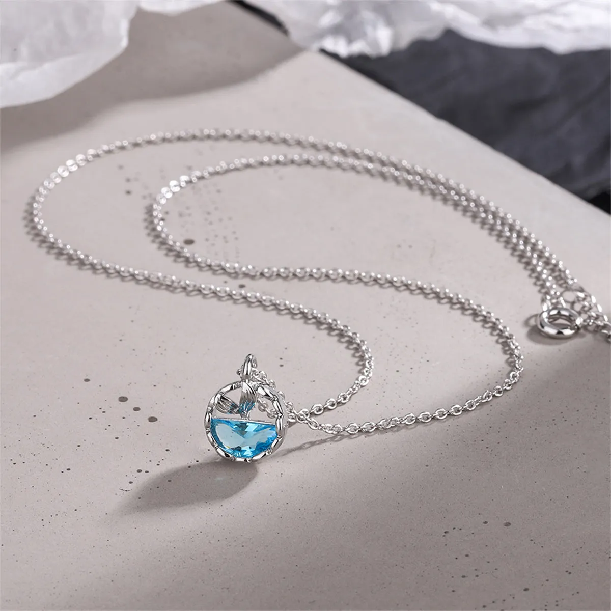 Blue Crystal & Silver-Plated Circular Fishtail Pendant Necklace